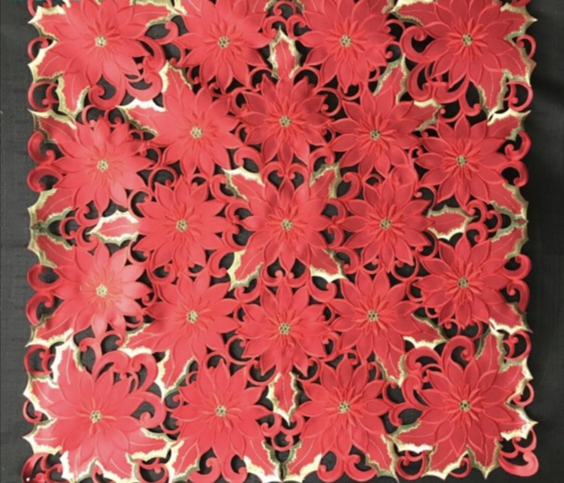 Angle. Jiallo - Poinsettia and Green Leaf Embroidered Cutwork Square tablecloth, 36 inch Square Table Linen - Red.