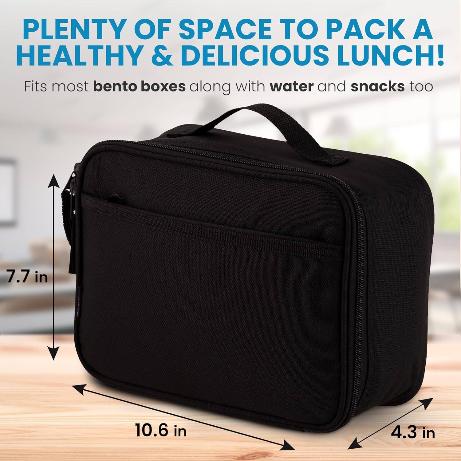 PLENTY OF SPACE TO PACK A HEALTHY & DELICIOUS LUNCH! Fits most bento boxes along with water and snacks too 7.7 in 10.6 in 4.3 in