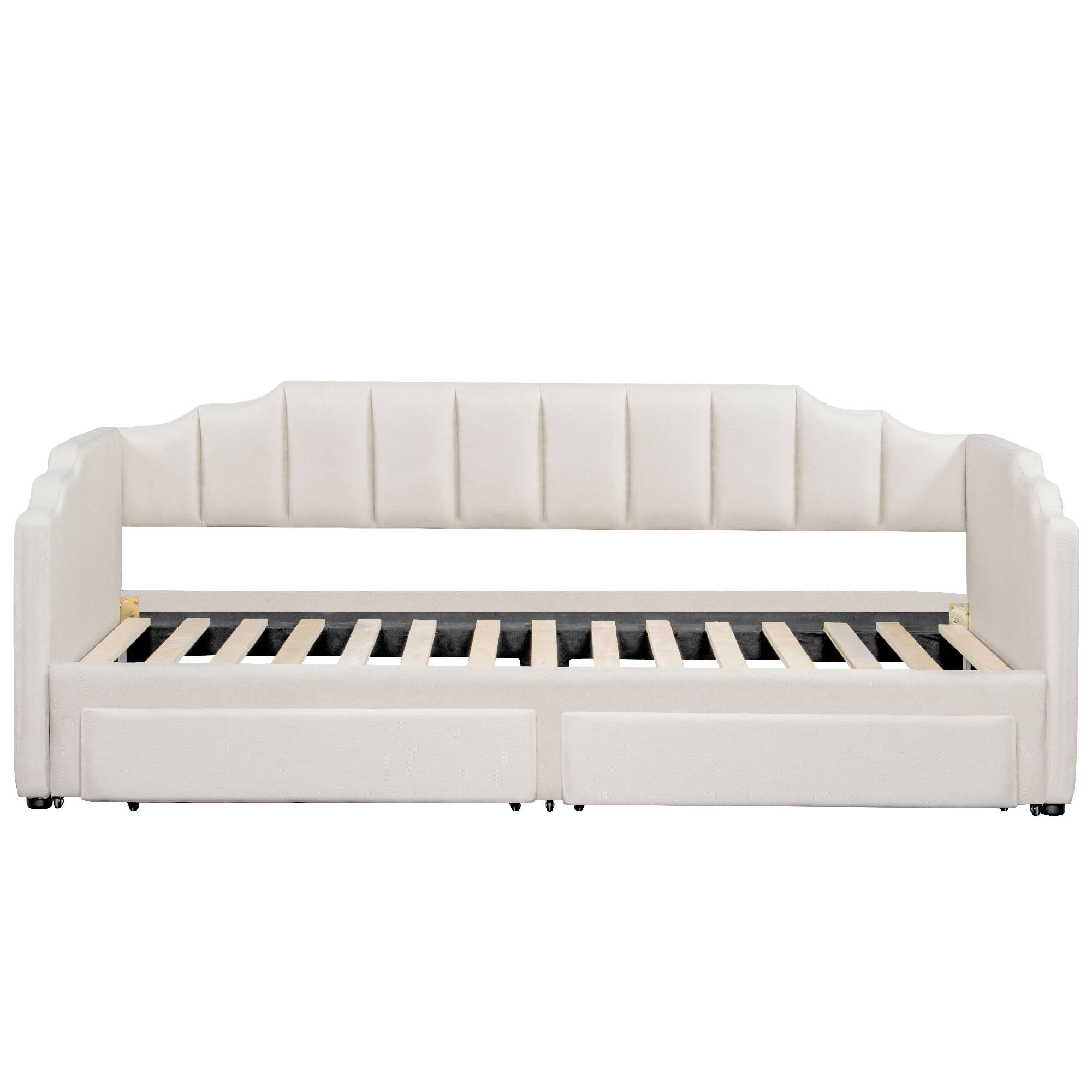 Back. Whisen - Extendable Daybed, Twin XL to King Size Bed with Storage Drawers & LED Lights for Guest Bedroom - Beige.
