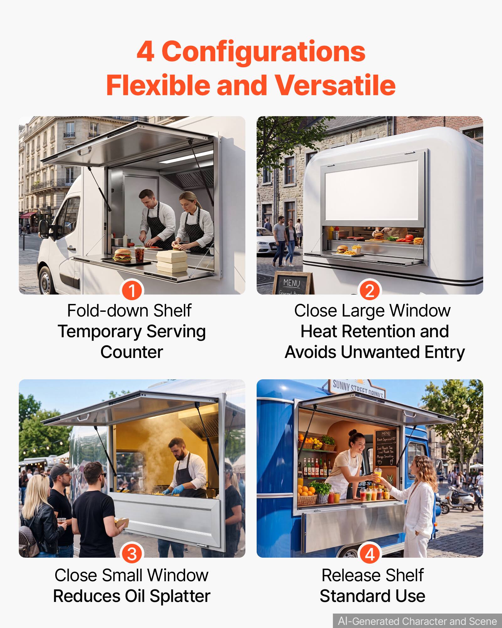 4 Configurations Flexible and Versatile

1. Fold-down Shelf Temporary Serving Counter
2. Close Large Window Heat Retention and Avoids Unwanted Entry
3. Close Small Window Reduces Oil Splatter
4. Release Shelf Standard Use

AI-Generated Character and Scene