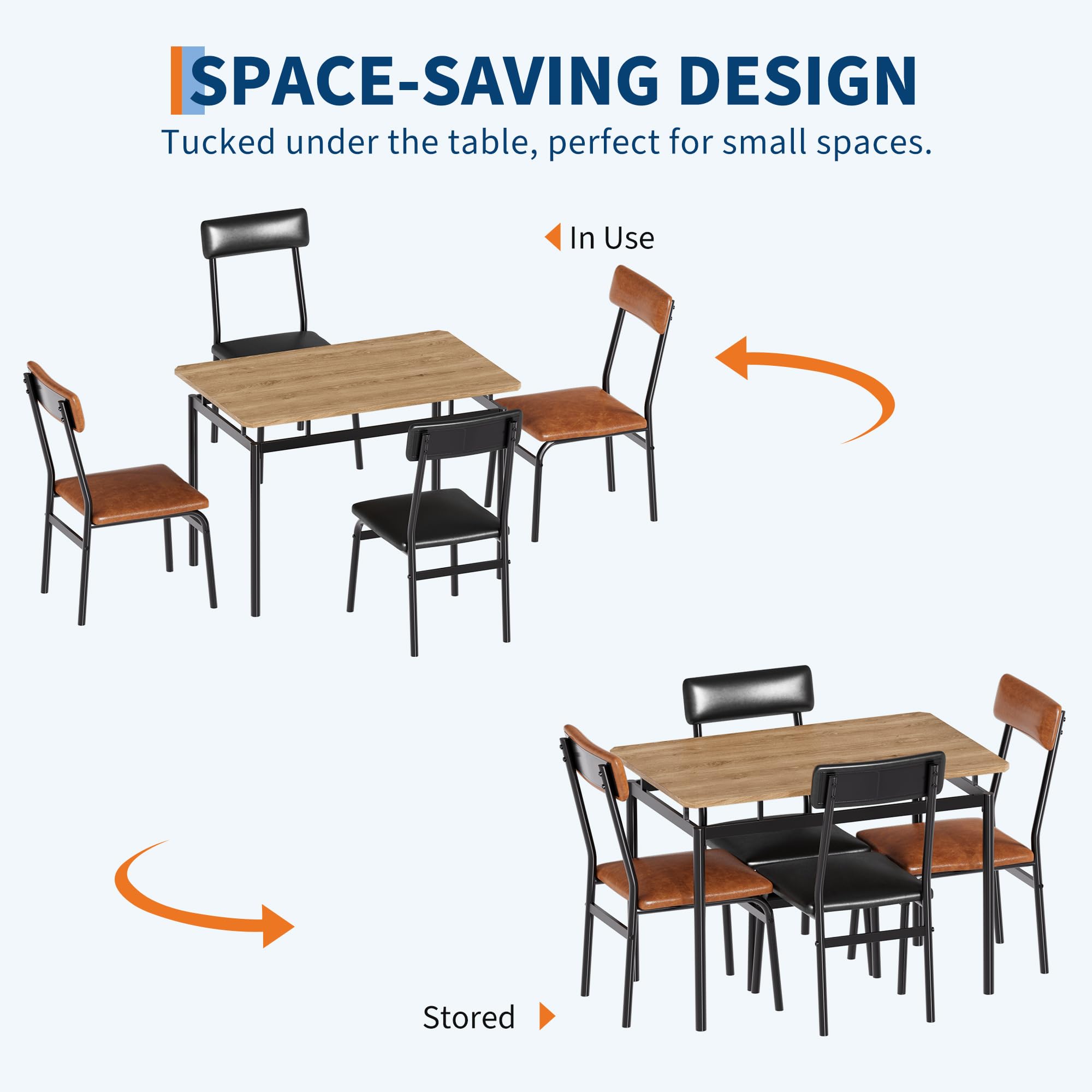 SPACE-SAVING DESIGN  
Tucked under the table, perfect for small spaces.  

In Use  
Stored