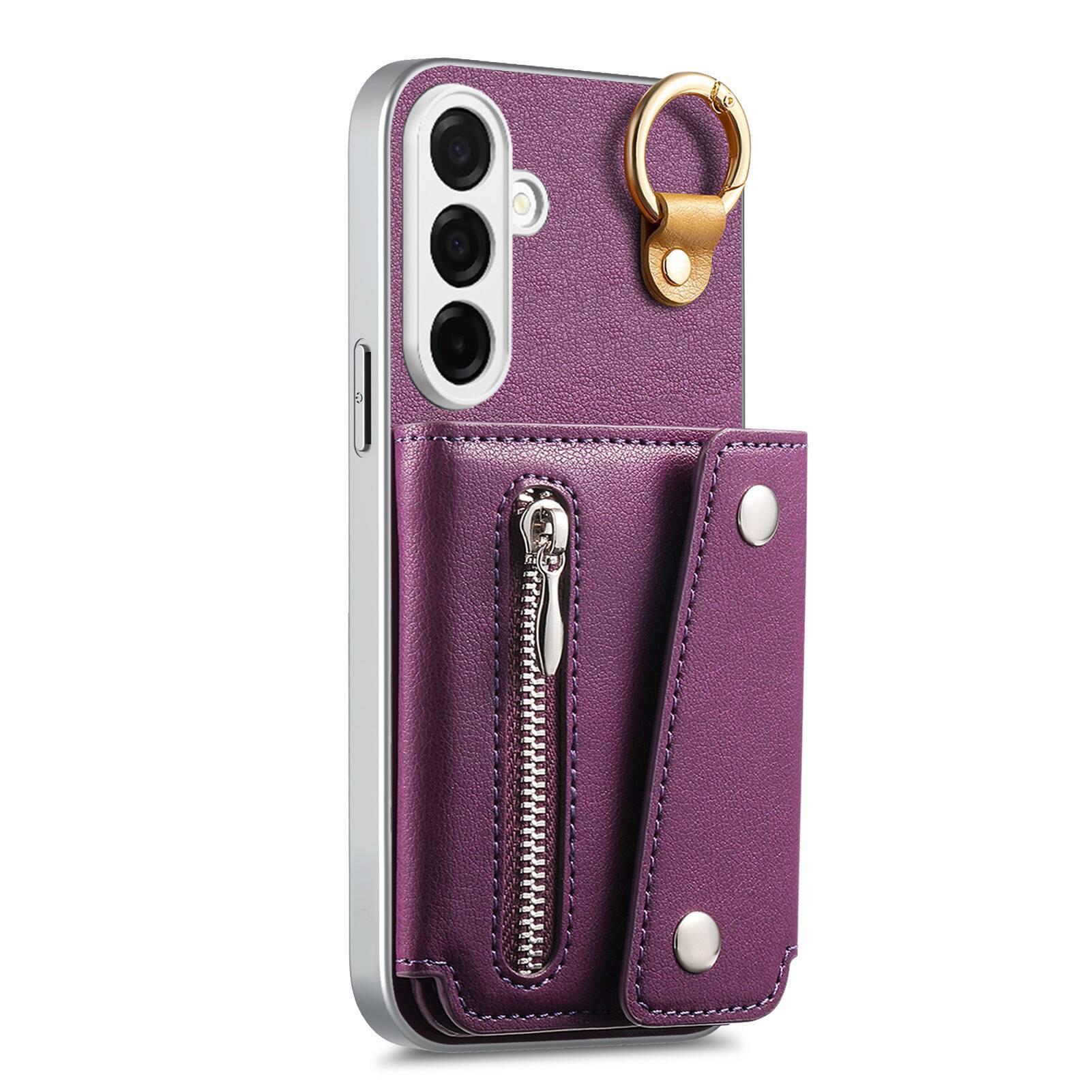 Angle. Dteck - PU Leather Zipper Wallet Phone Case for Samsung Galaxy A37 5G with Ring Buckle, Shockproof Kickstand Protective Cover - Purple.