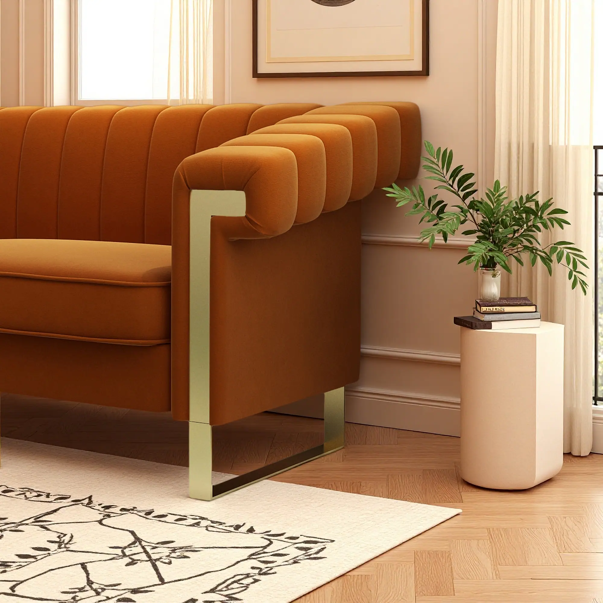Alt View 2. Anysun - Modern 3-Seat Cream Velvet Sofa with Gold Accents - Channel-Tufted for Living Room & Office. - Orange.