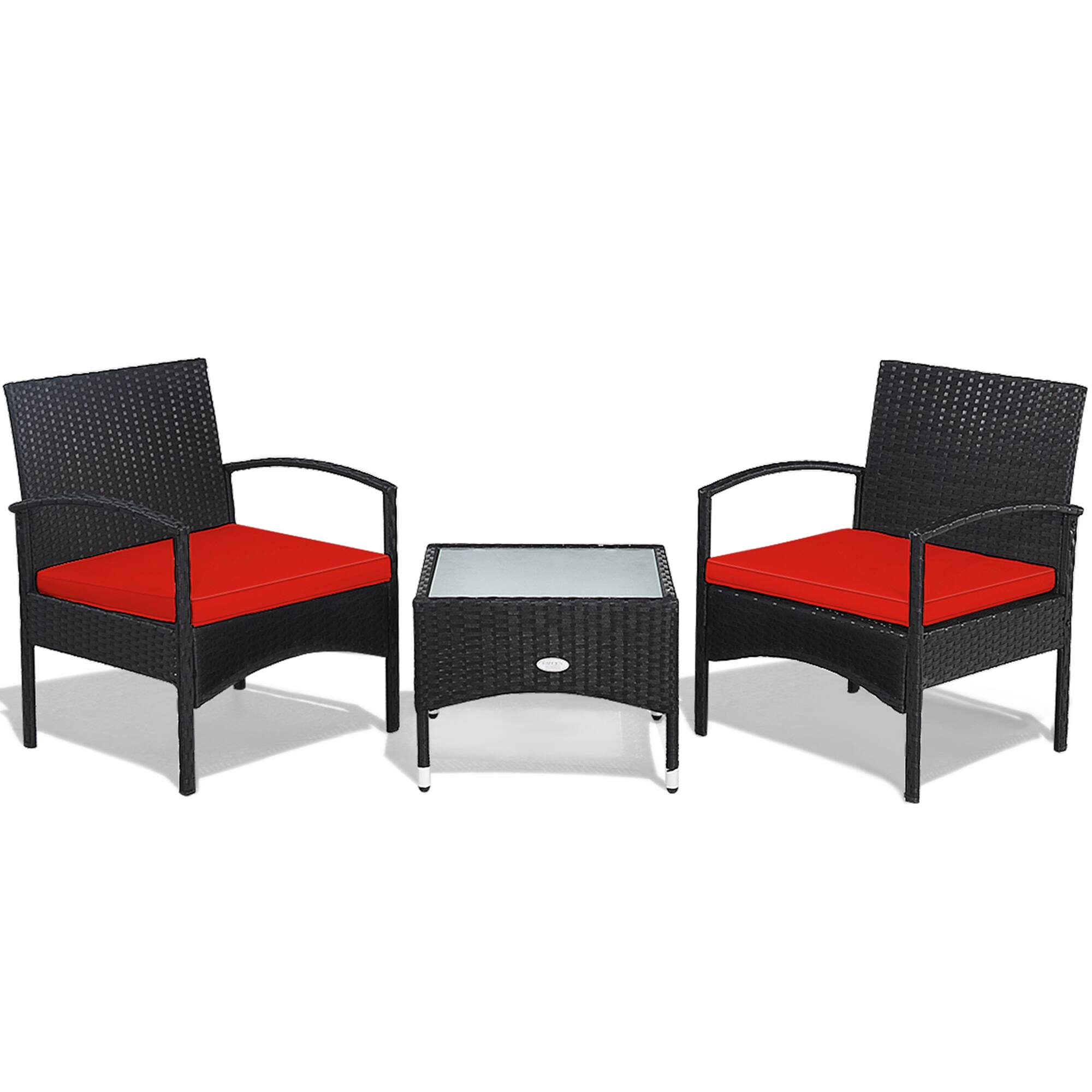 Alt View 9. Gymax - Gymax 3 PCS Patio Wicker Rattan Furniture Set Coffee Table & 2 Rattan Chair w/ Cushion Red - Red.