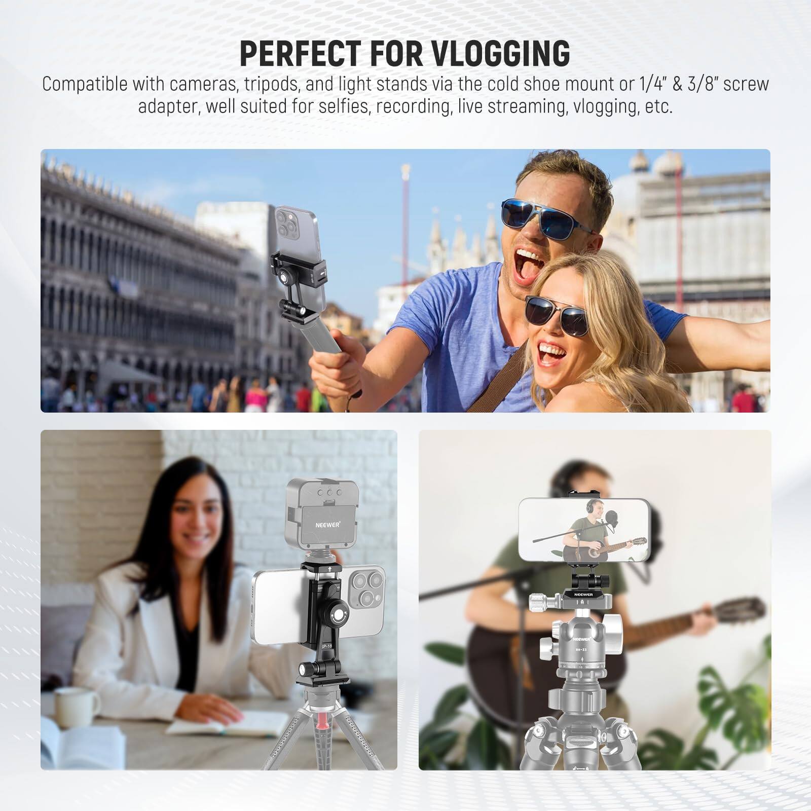 PERFECT FOR VLOGGING

Compatible with cameras, tripods, and light stands via the cold shoe mount or 1/4" & 3/8" screw adapter, well suited for selfies, recording, live streaming, vlogging, etc.