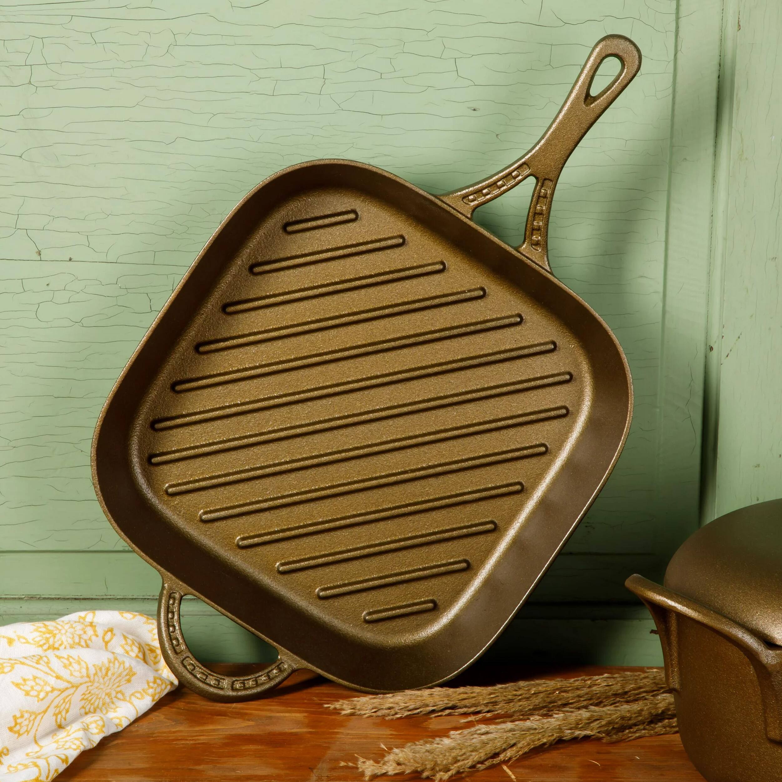 Gibson - Wanda June Home By Miranda Lambert 11 Inch Cast Iron Pre-Seasoned Square Grill Pan - Bronze - Thumbnail 2