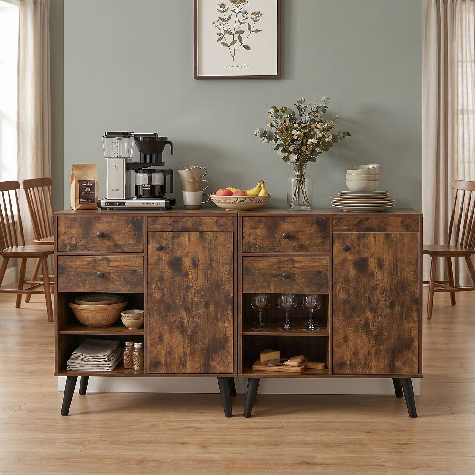 Alt View 1. Costway - Costway 2PCS Buffet Cabinet with Storage, 31" Sideboard Credenza with Door, Open Compartments - Rustic Brown.