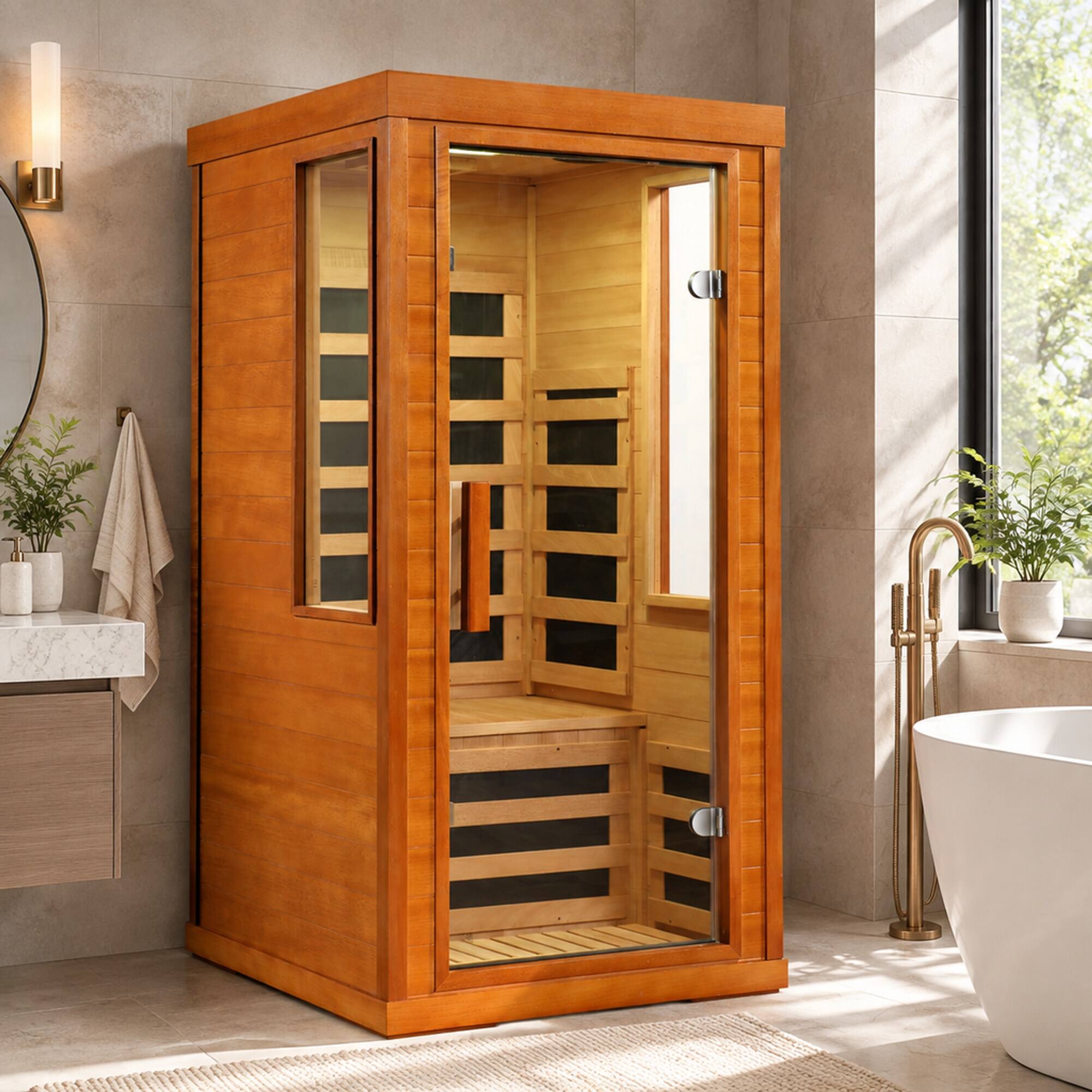 Back. RYHNUYNE - One Person Far Infrared Sauna, Okoume Wood, 31.5 x 31.5 x 63.3 in, 7 Carbon Fiber Heaters, Bluetooth Audio - Natural.
