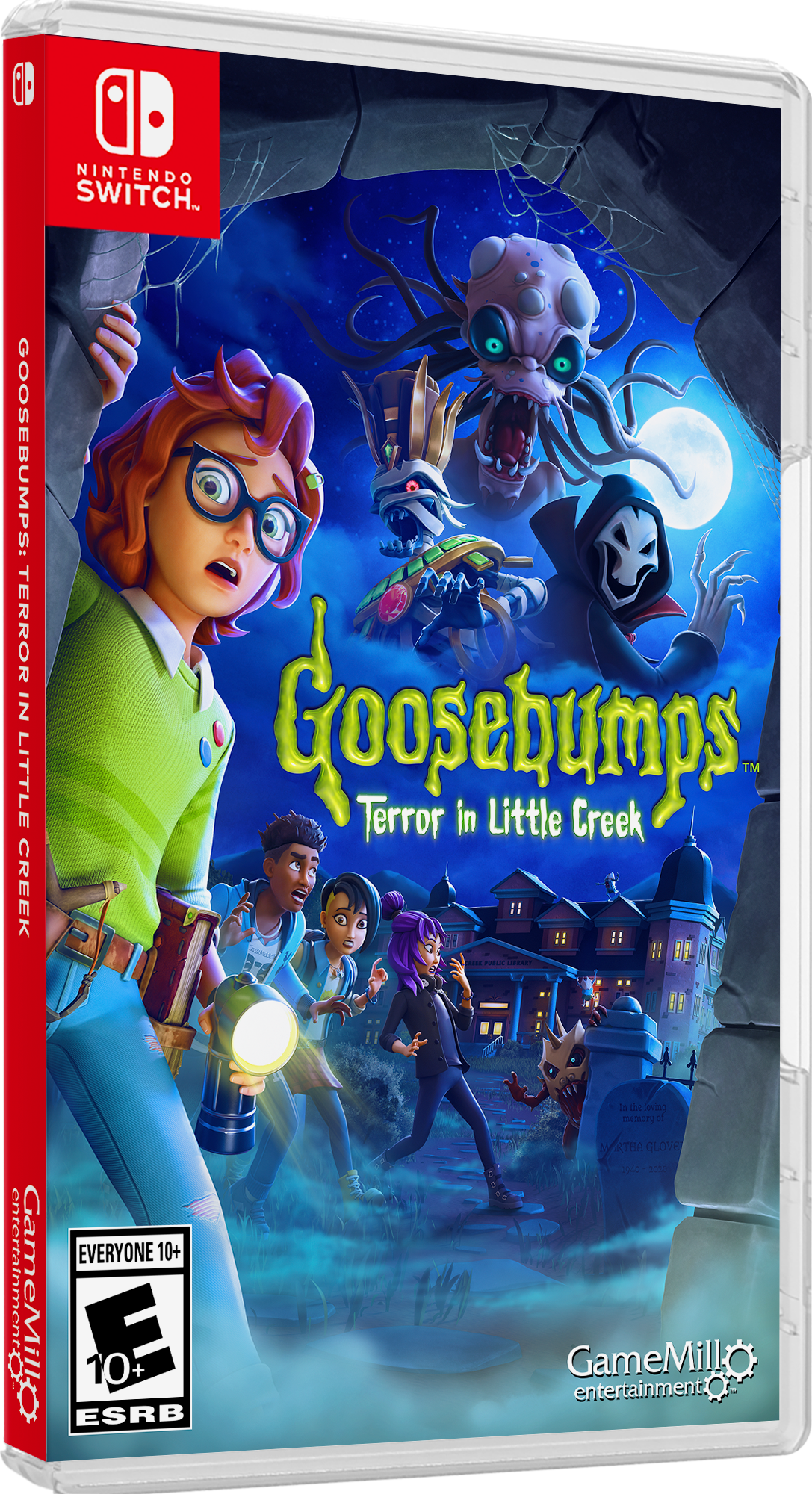 Nintendo Switch game: Goosebumps: Terror in Little Creek. GameMill Entertainment. ESRB rating: 10+. Entertainment for everyone 10+.