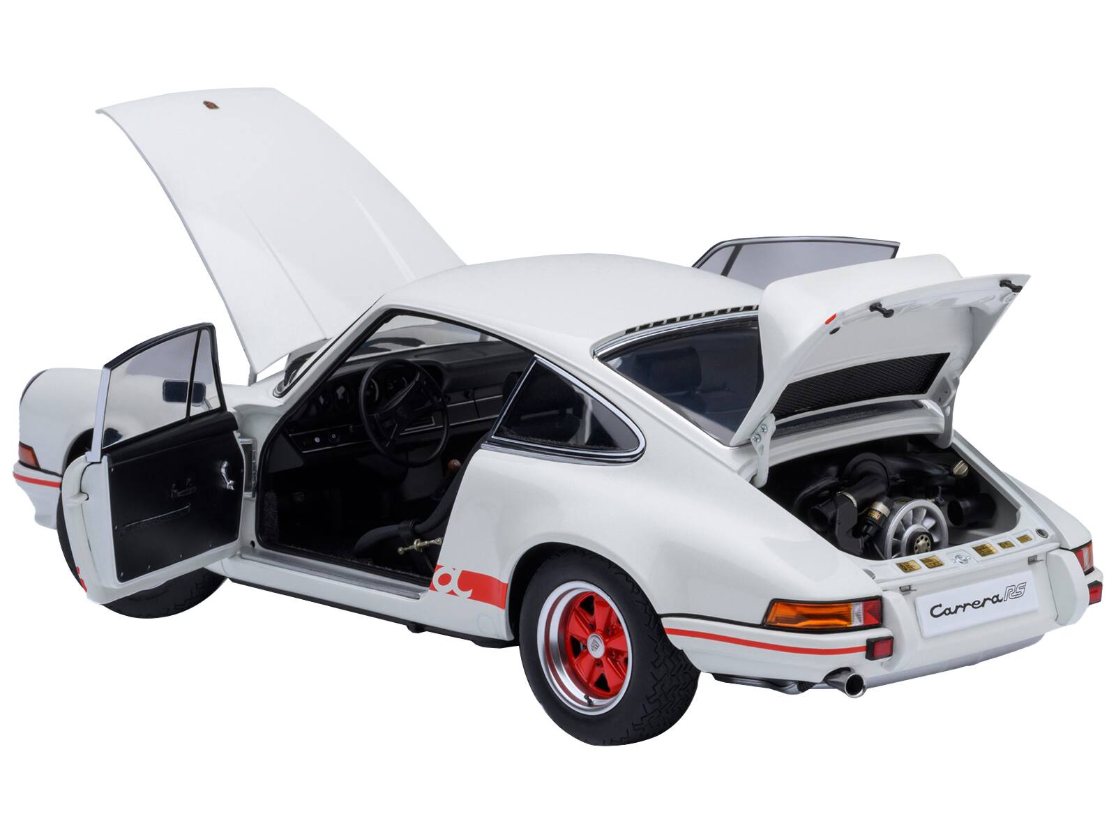 Alt View 1. Autoart - Porsche 911 Carrera 2.7 RS Grand Prix White with Red Stripes and Wheels 1/18 Model Car by Autoart.