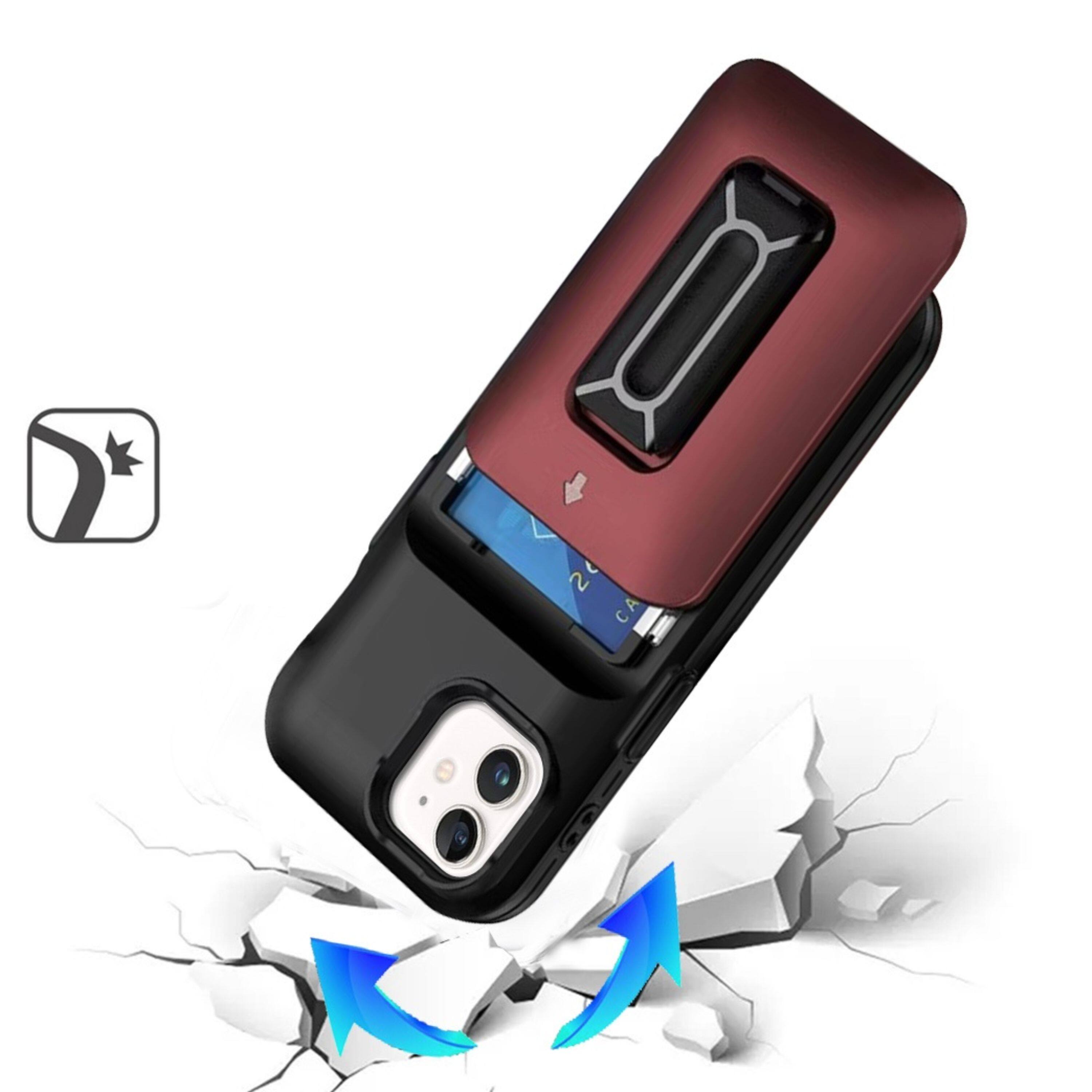 Left. Kitcheniva - Shockproof Card Holder Kickstand And Strap Phone Case With Tempered Glass For iPhone 11 Black Red - Black Red.