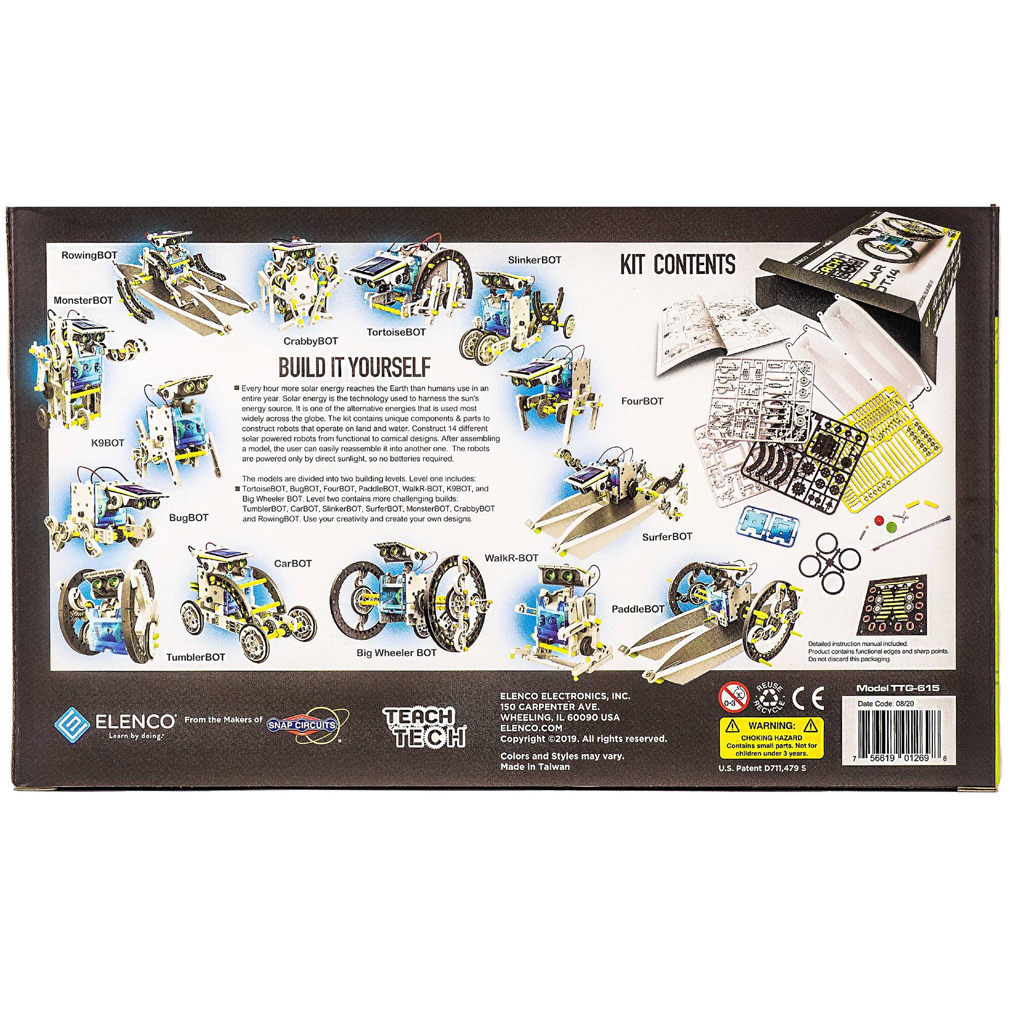 The image shows a box with a robot kit, which includes instructions and various parts to build different robots. The kit contains the following robots: FourBOT, SurferBOT, CarBOT, Big Wheeler BOT, TumblerBOT, PaddleBOT, and RowingBOT. The box is designed to be a fun and educational experience for users to build and learn about robots.