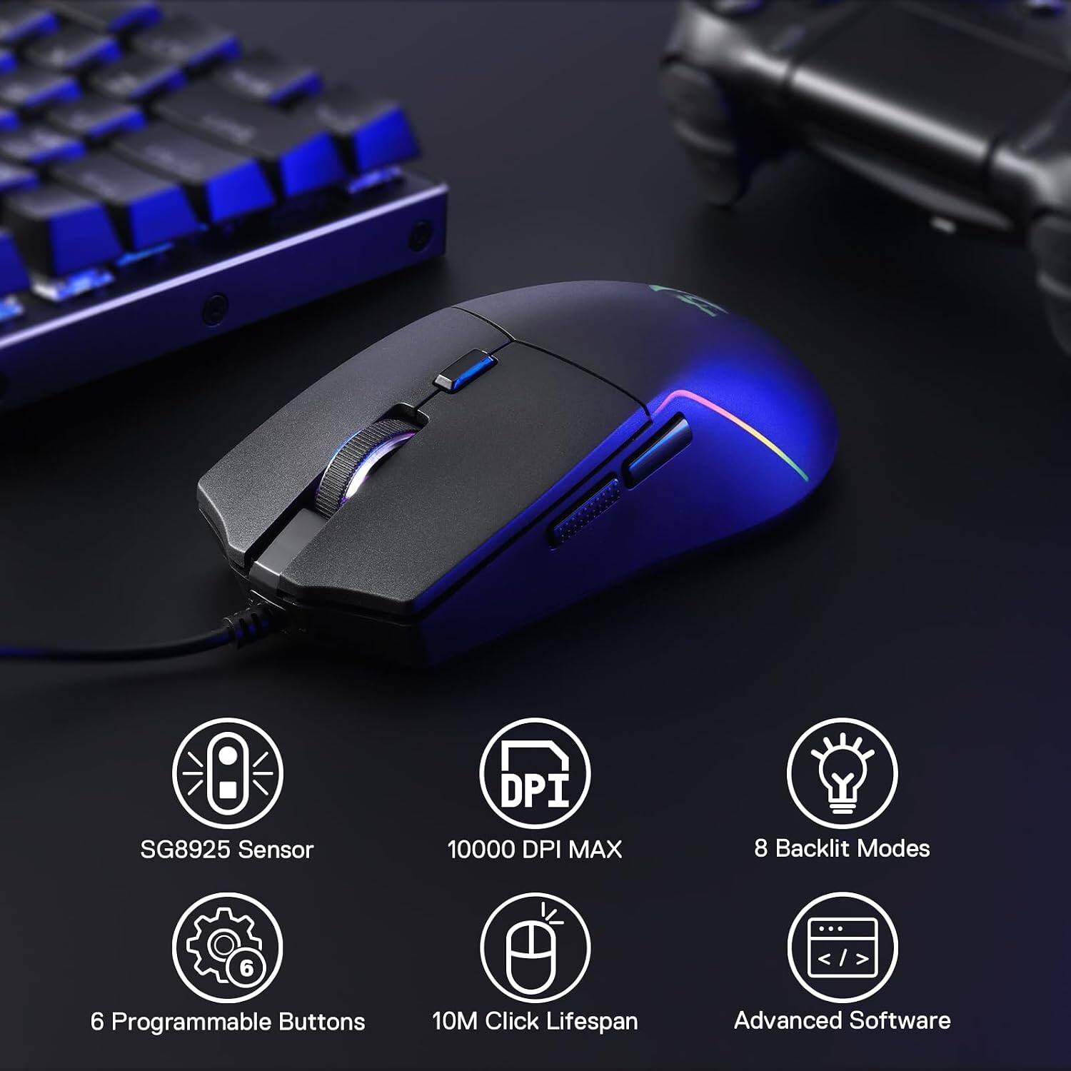 DPI  
SG8925 Sensor  
10000 DPI MAX  
8 Backlit Modes  
6 Programmable Buttons  
10M Click Lifespan  
Advanced Software
