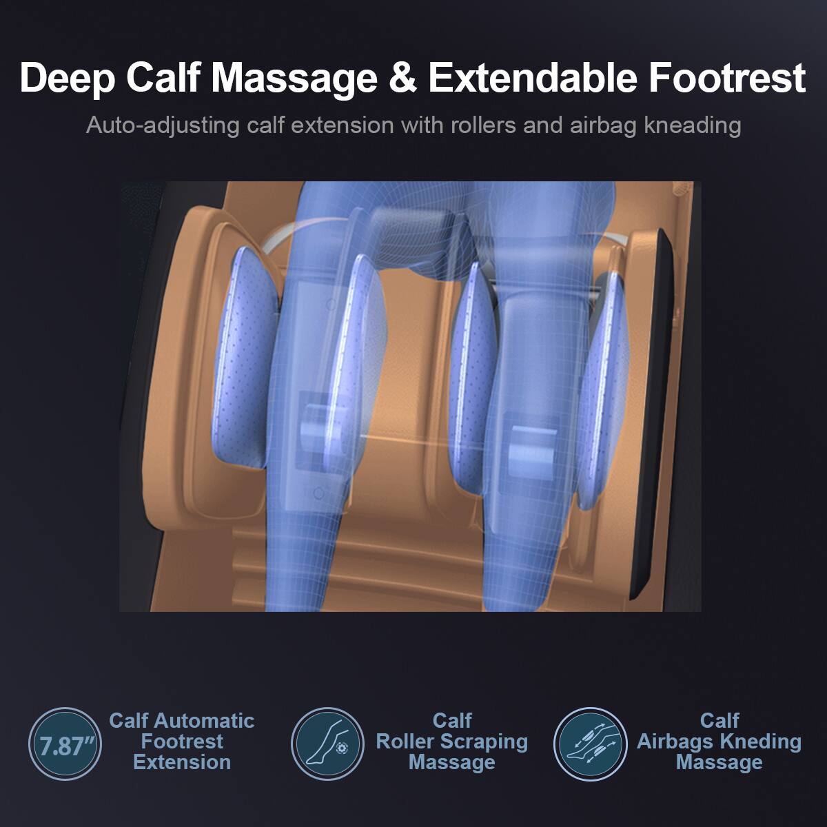 Deep Calf Massage & Extendable Footrest  
Auto-adjusting calf extension with rollers and airbag kneading  

- Calf Automatic Footrest Extension  
- Calf Roller Scraping Massage  
- Calf Airbags Kneading Massage  

7.87"