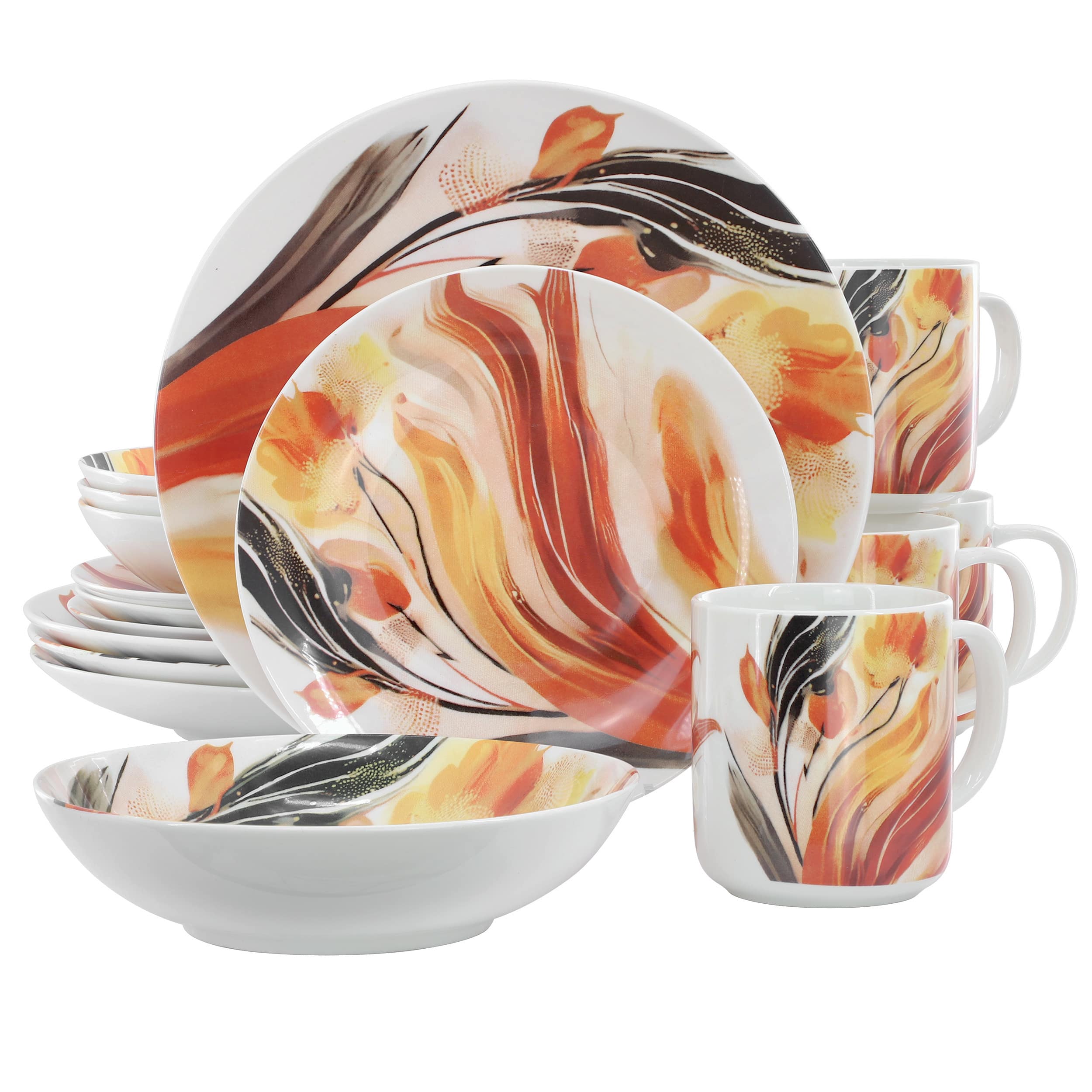 Elama - Tulip Fields 16 Piece Round Porcelain Dinnerware Set - Yellow, Orange, Black, White