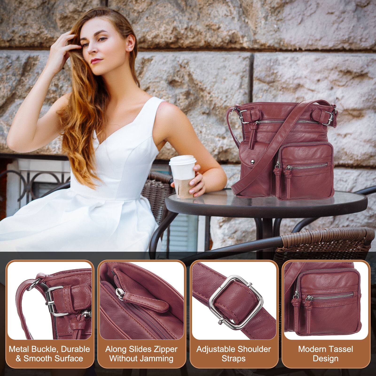 Metal Buckle, Durable & Smooth Surface  
Along Slides Zipper Without Jamming  
Adjustable Shoulder Straps  
Modern Tassel Design