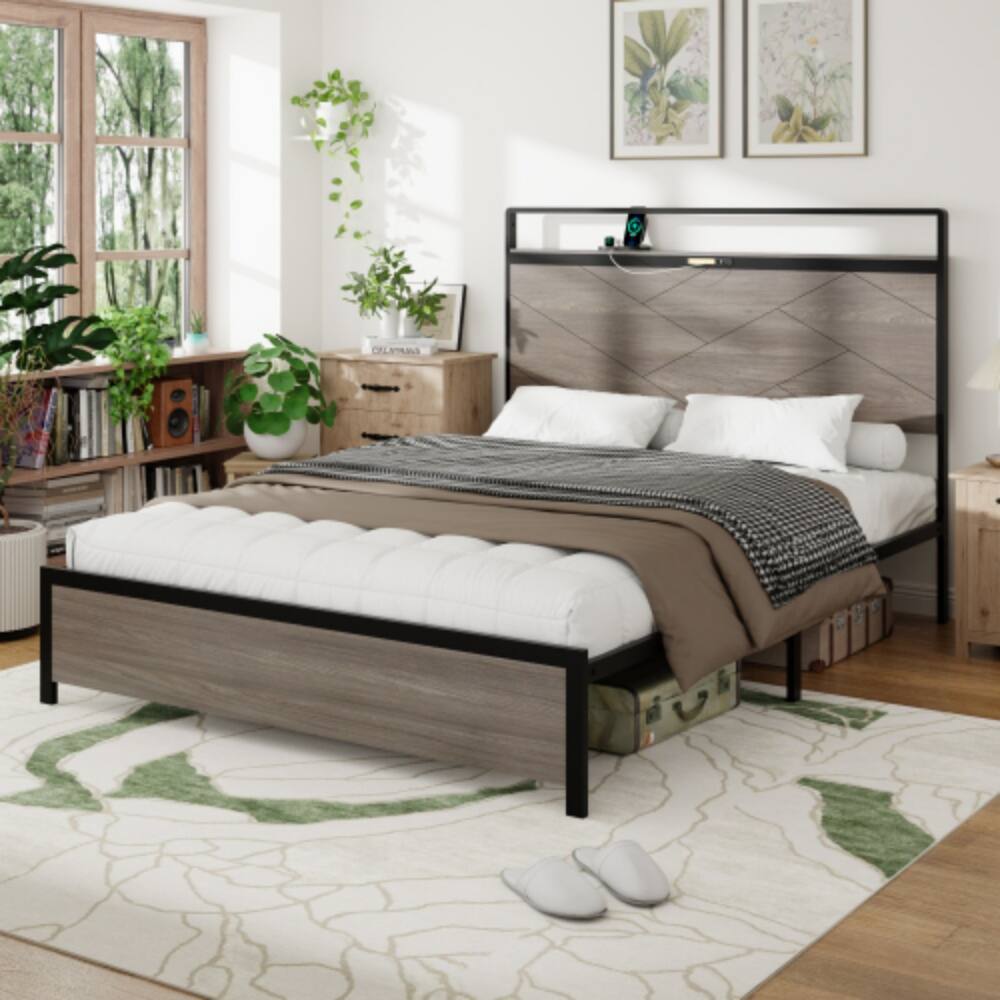 Angle. LUCKY ONE - Queen Size Wood Platform Bed Frame with Storage LED Headboard, USB Charging, Metal Slats, No Box Spring Needed - Antique Grey.