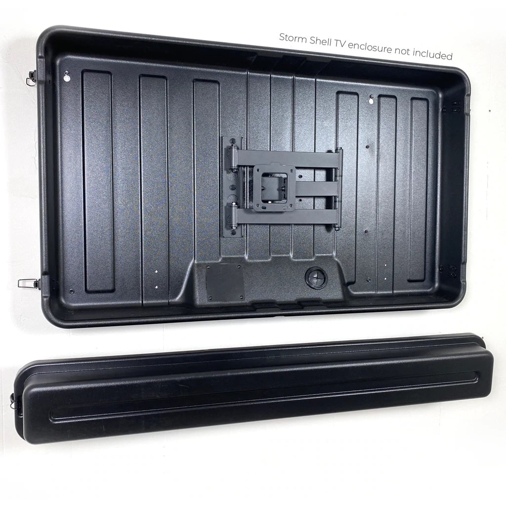 The text on the image reads "Storm Shell TV enclosure not included."