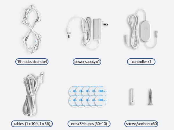 The text on the image is already grouped and correctly labeled. It lists various items such as cables, power supply, controller, and extra tapes, along with the number of each item.