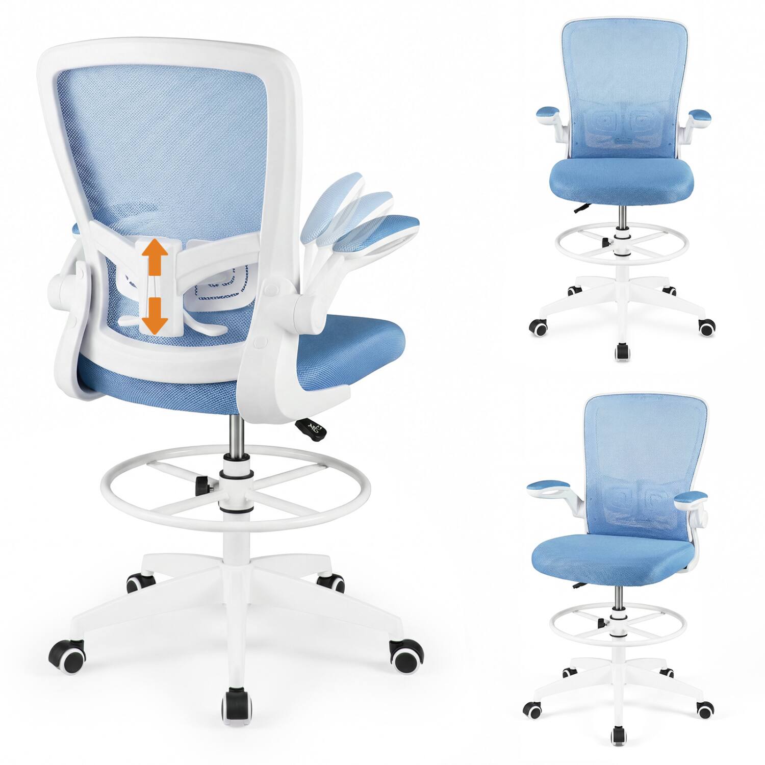 Left. WELLFOR - Height Adjustable Drafting Chair with Flip Up Arms for Home Office - Blue.