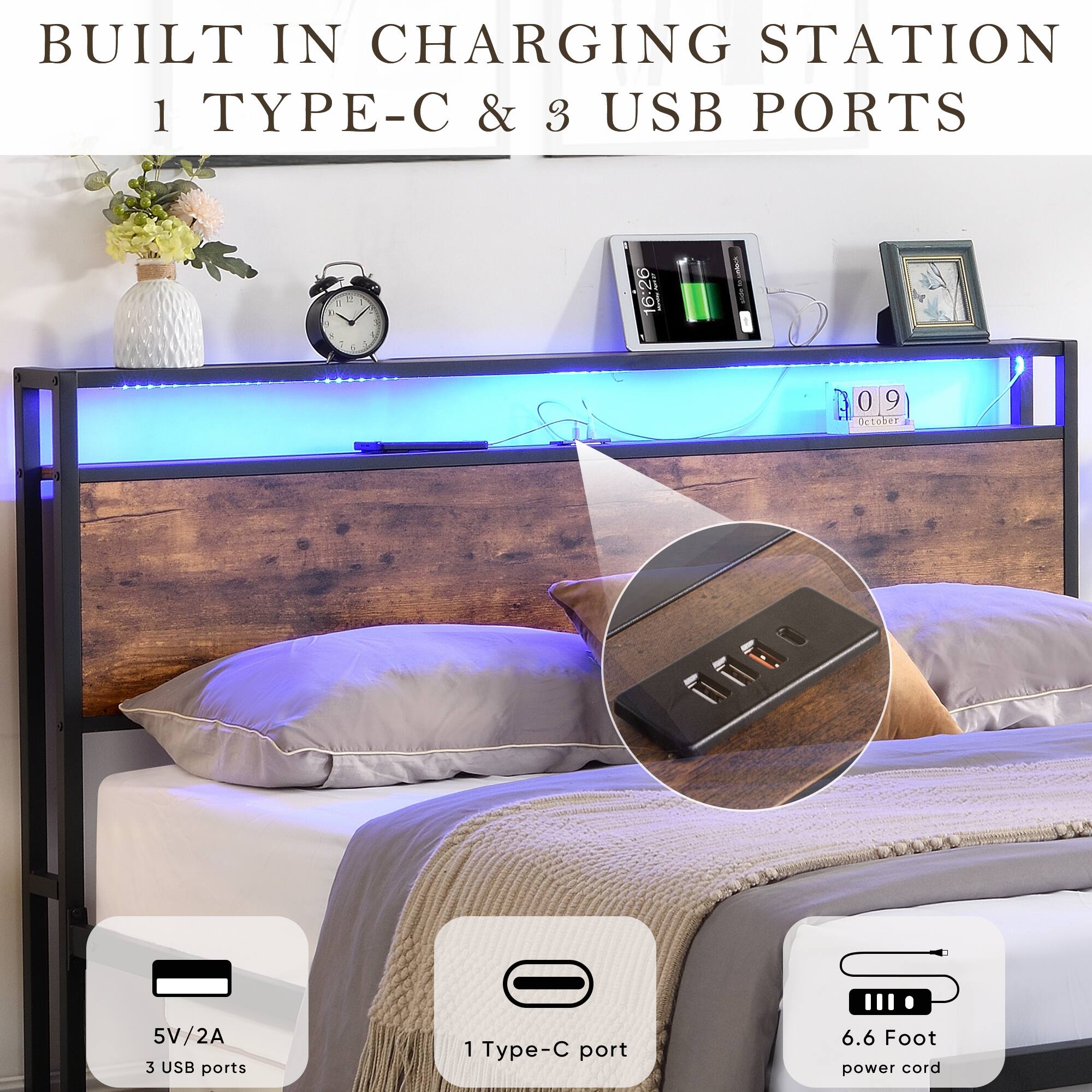 BUILT IN CHARGING STATION  
1 TYPE-C & 3 USB PORTS  

5V/2A  
3 USB ports  
1 Type-C port  
6.6 Foot power cord