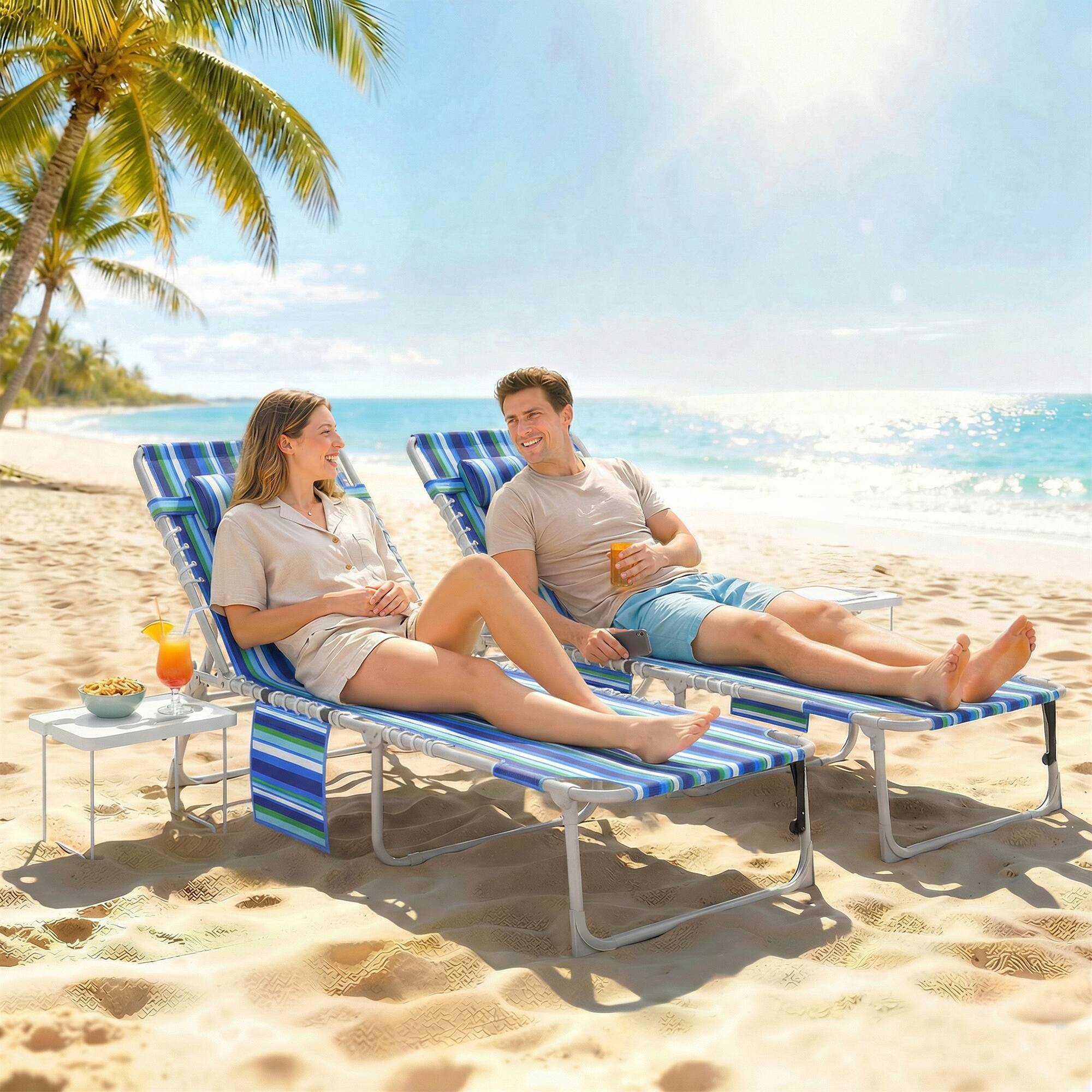 Alt View 1. Outsunny - Chair Set of 2 with Face Hole and Side Table, 5-Position Folding Outdoor Chaise Lounge Chair - Blue Stripe.