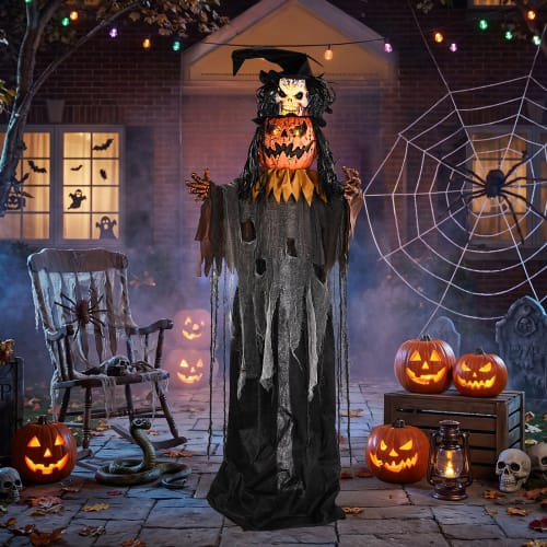 Winado - 6FT Halloween Standing Pumpkin Head Skeleton Prop with Pop Out Skull, Sound for Indoor Outdoor Holiday Scary Decoration - Orange & Gray