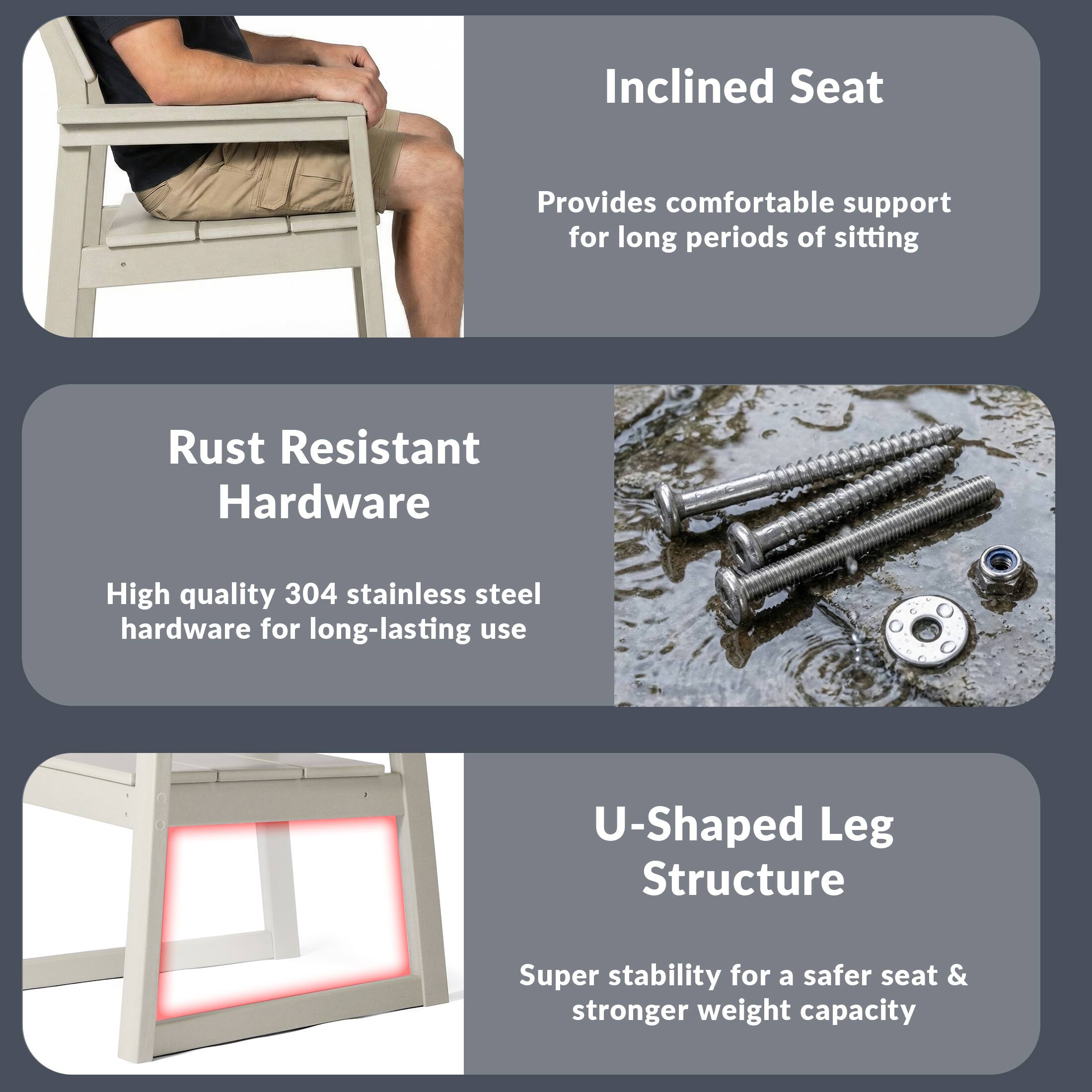 Inclined Seat  
Provides comfortable support for long periods of sitting  

Rust Resistant Hardware  
High quality 304 stainless steel hardware for long-lasting use  

U-Shaped Leg Structure  
Super stability for a safer seat & stronger weight capacity