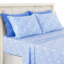 Lux Decor Collection - 6-Piece Queen Sheet Set, Paisley Design Brushed Microfiber Deep Pocket Sheets - White Blue