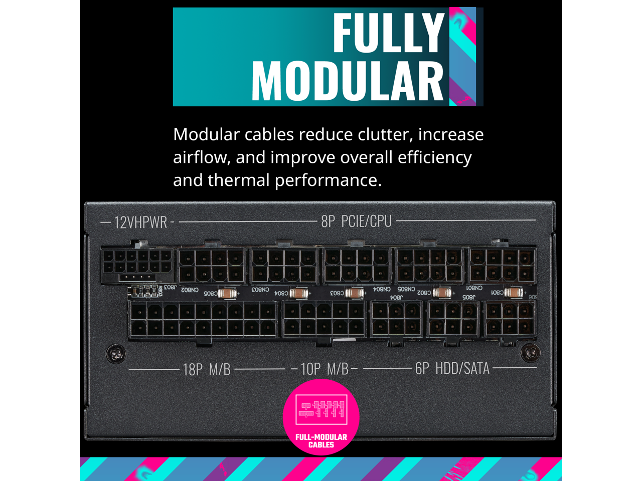 FULLY MODULAR

Modular cables reduce clutter, increase airflow, and improve overall efficiency and thermal performance.

- 12VHPWR
- 8P PCIE/CPU
- 18P M/B
- 10P M/B
- 6P HDD/SATA

FULL-MODULAR CABLES