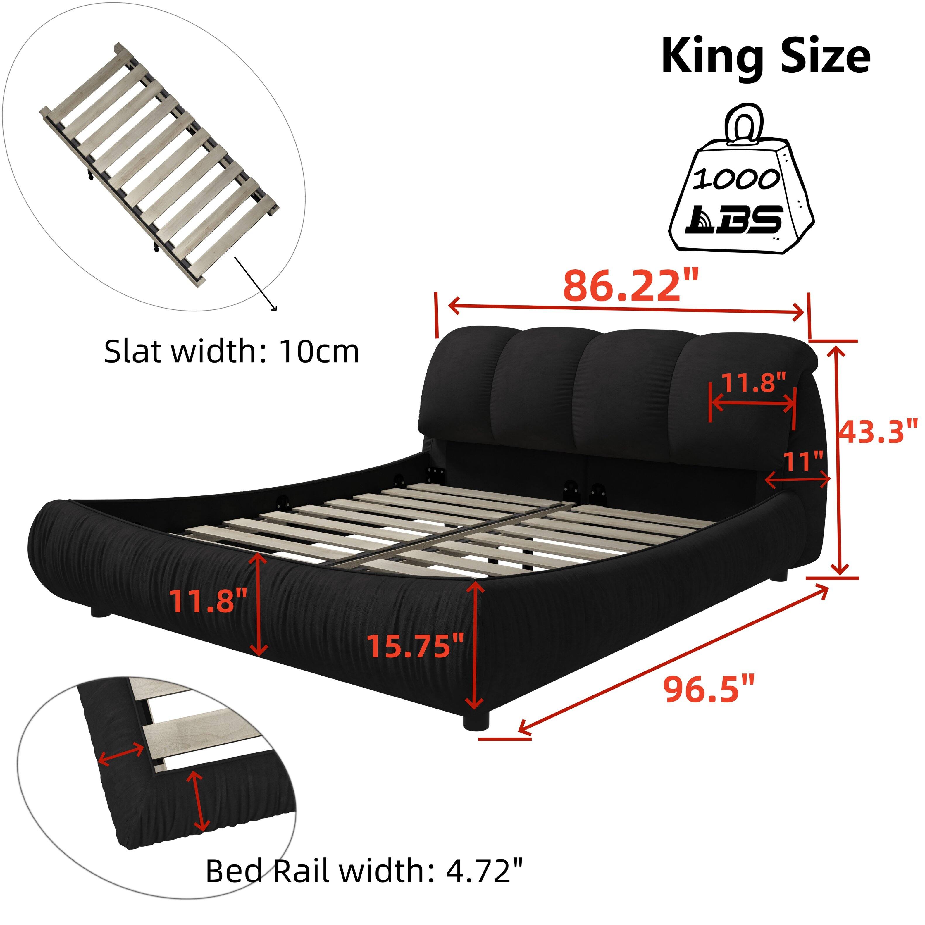 King Size  
1000 ABS  
Slat width: 10cm (11.8")  
Bed Rail width: 4.72"  
Dimensions:  
- Length: 86.22"  
- Width: 43.3"  
- Height: 11"  
- Depth: 15.75"  
- Overall length: 96.5"