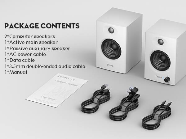 PACKAGE CONTENTS  
2*Computer speakers  
1*Active main speaker  
1*Passive auxiliary speaker  
1*AC power cable  
1*Data cable  
1*3.5mm double-ended audio cable  
1*Manual  

OHAYO CB Computer Speaker User Manual