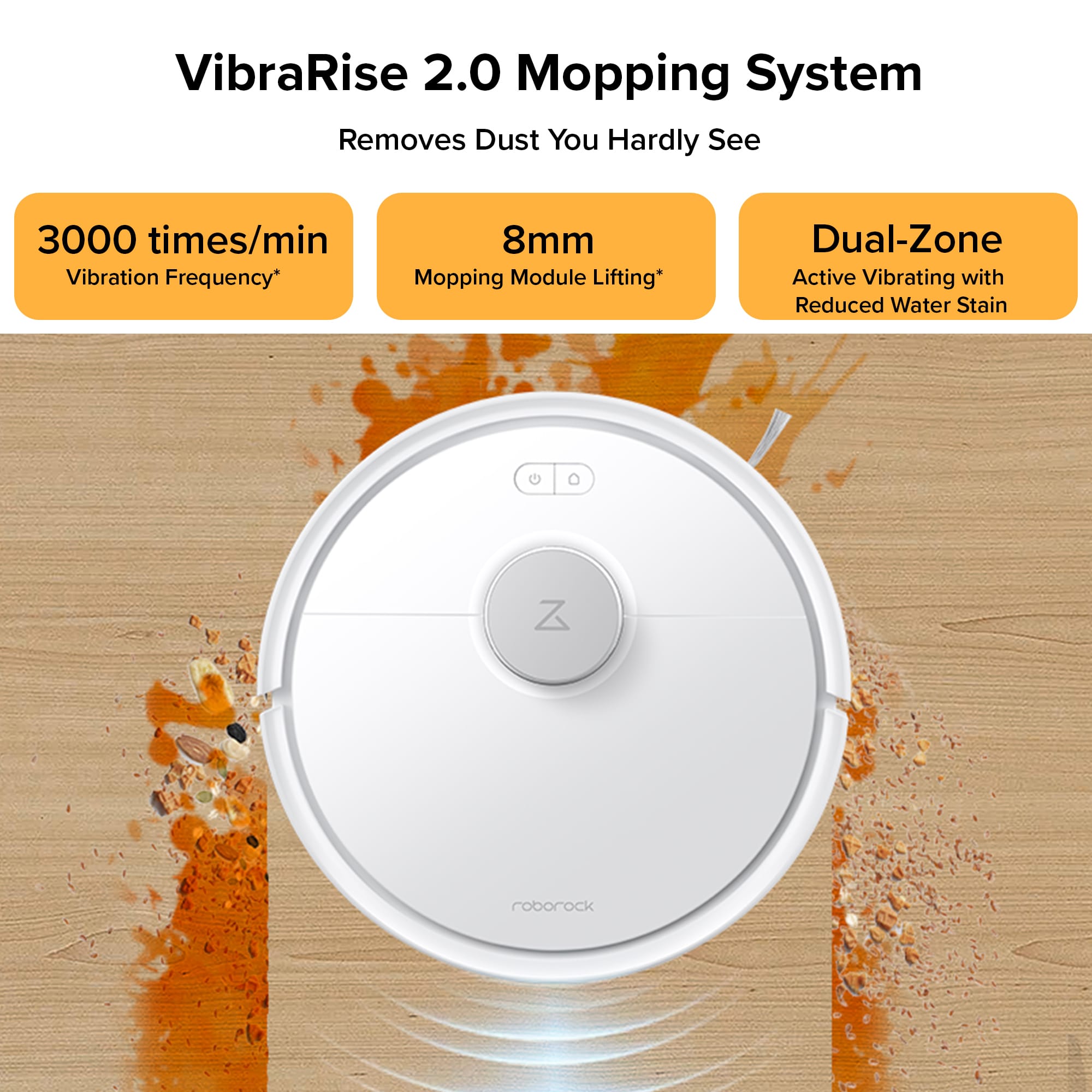 VibraRise 2.0 Mopping System Removes Dust You Hardly See 3000 times/min Vibration Frequency* 8mm Mopping Module Lifting* Dual-Zone Active Vibrating with Reduced Water Stain C Z roborock