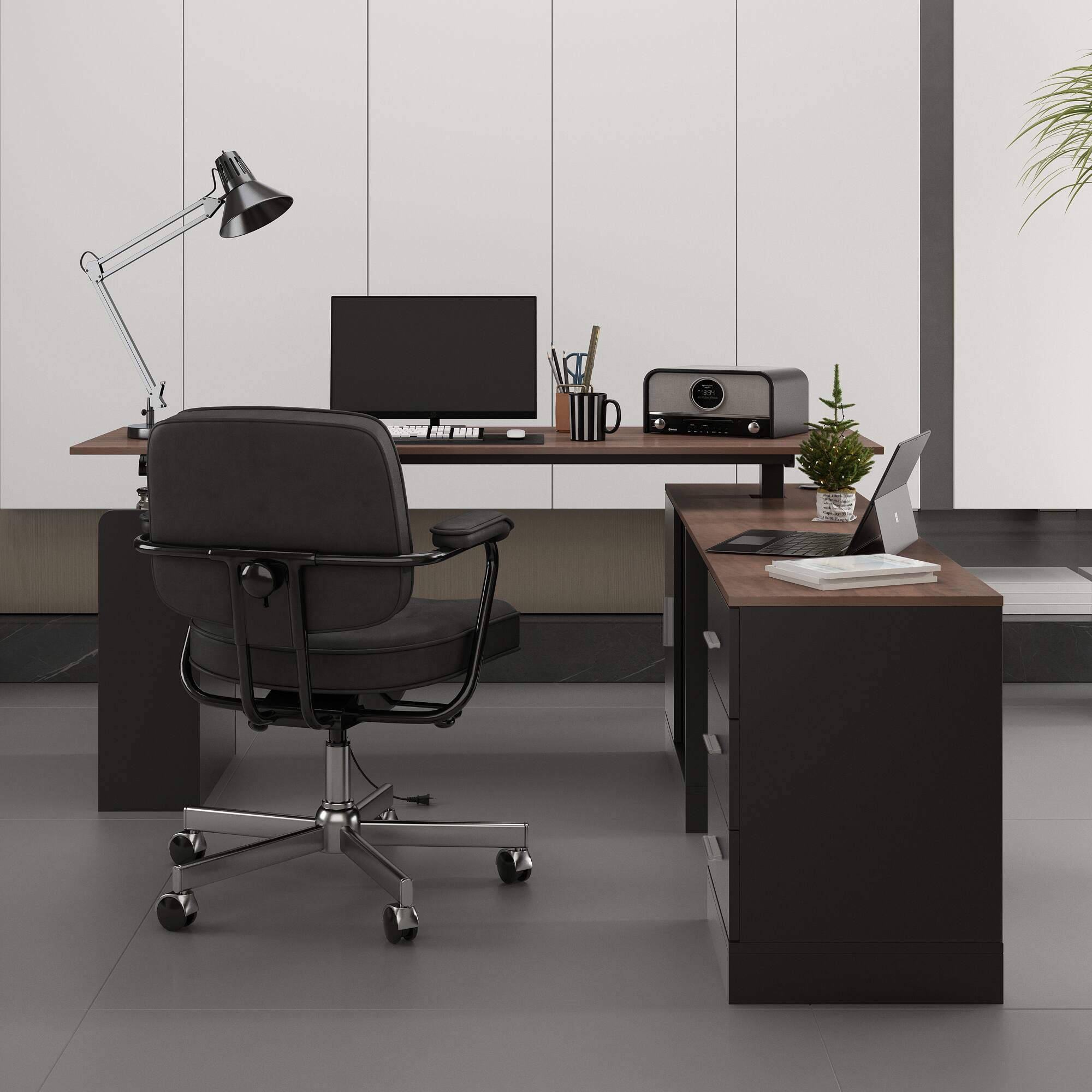 Back. FUFU&GAGA - FUFU&GAGA L - Shaped Electric Standing Desk - Adjustable Height, Home & Office Workstation - Brown & Black.
