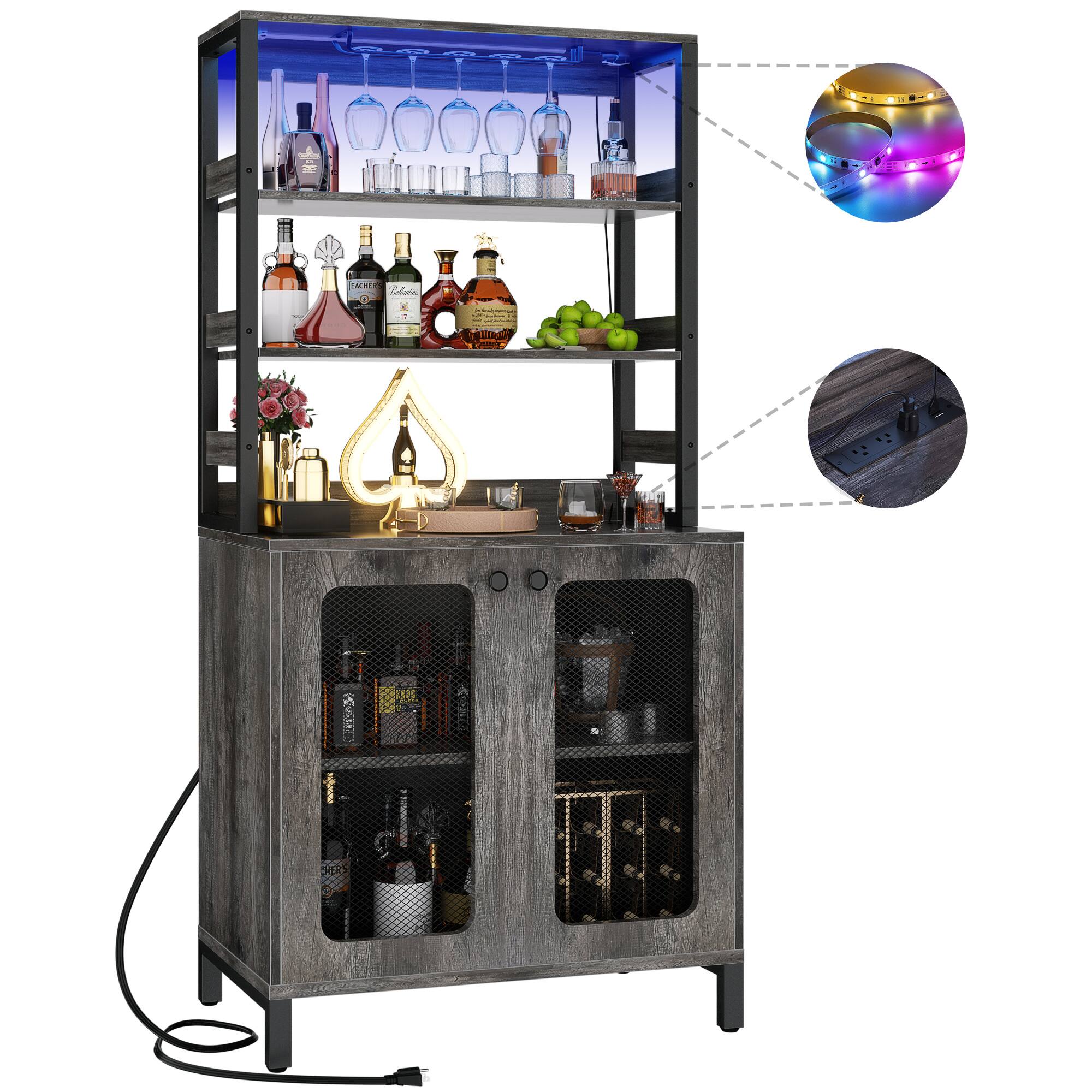 Alt View 4. Aheaplus - 67'' Tall Wine Cabinet with LED Light and Power Strip, Liquor Cabinet with Glass Holder & Shelves - Gray Oak.