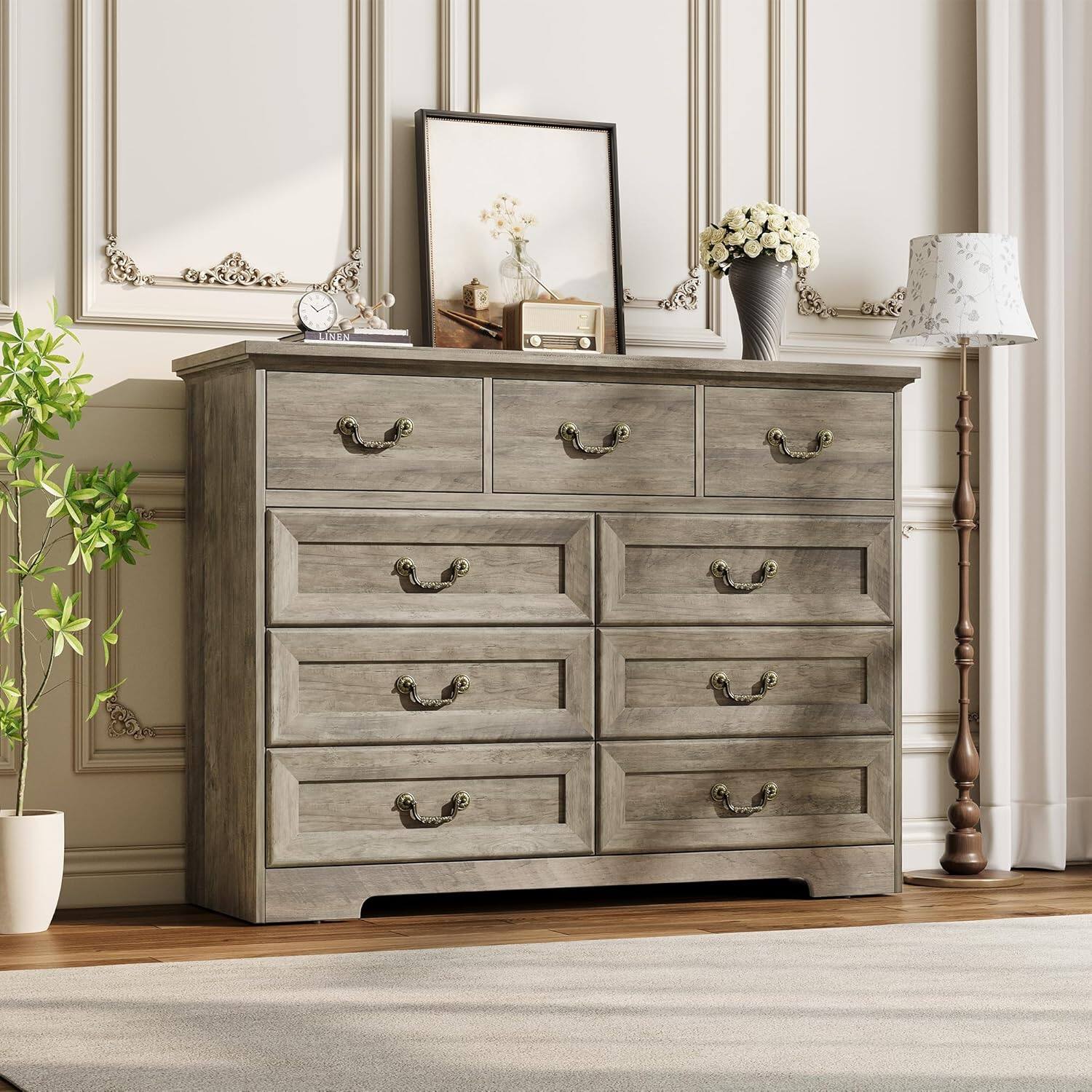 Front. Homhougo - 9 Drawer Dresser for Bedroom, 47 in Wide Dressers Wood Vintage Chest of Drawers with Natural Texture and Vintage Gold - Dark Rustic Oak.