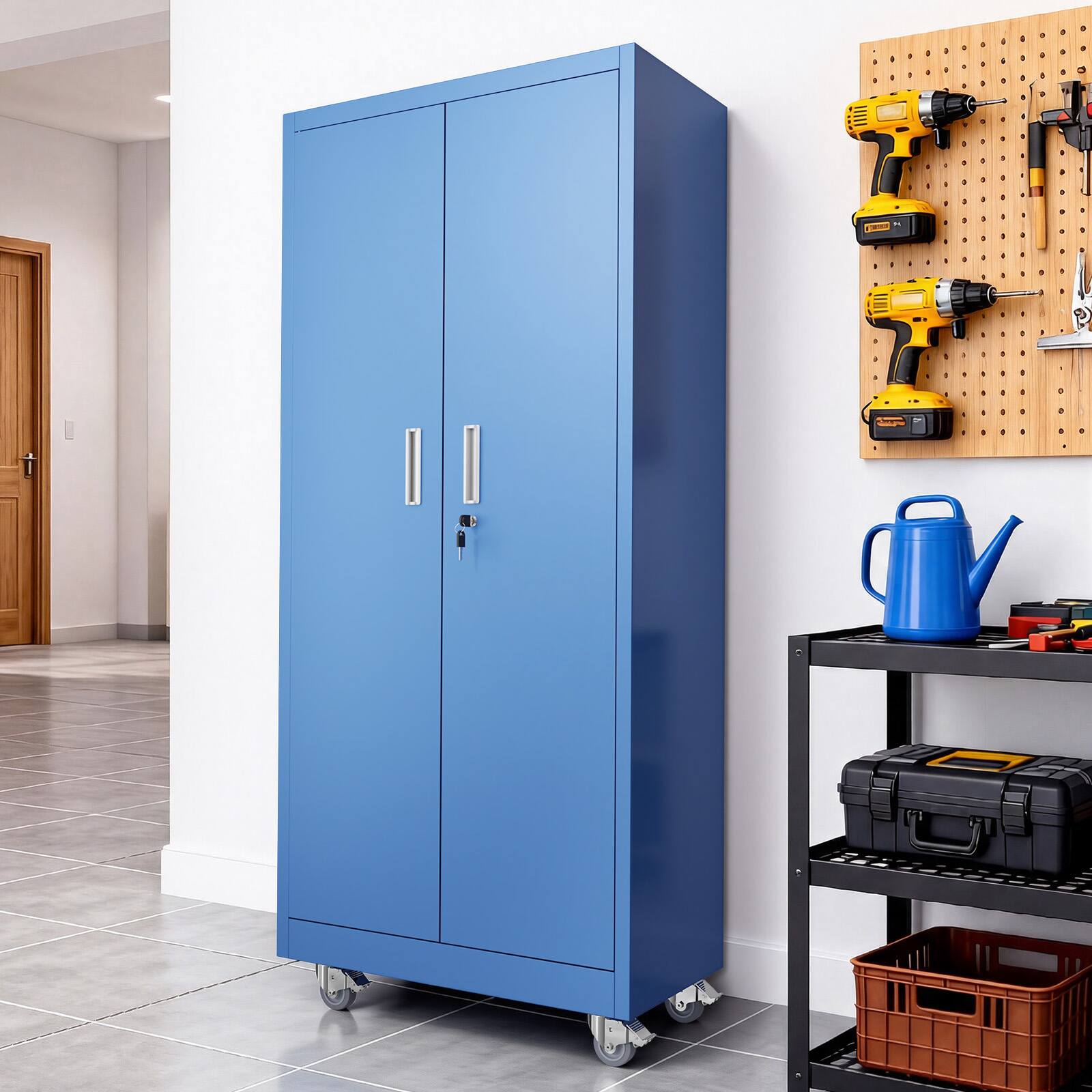 Back. Winado - Metal Storage Cabinet with 2 Doors, 4 Adjustable Shelves, 750 lbs Capacity, 360° Swivel Wheels for Garage, Office, Home - Blue.