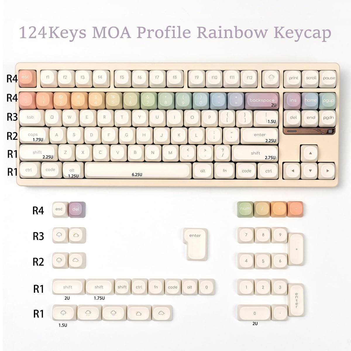 124Keys MOA Profile Rainbow Keycap

R4: esc f1 f2 f3 f4 f5 f6 f7 f8 f9 f10 f11 f12 print scroll pause
R4: 1 2 3 4 5 6 7 8 9 0 - = backspace 2U ins home pgup
R4: Q W E R T Y U I O P [ ] \ 1.5U del end pgdn
R4: K L ; ' enter 2.25U
R3: tab Q W E R T Y U I O P 1.75U
R3: A S D F G H J K L ; ' enter 2.75U
R2: caps A S D F G H J K L 1.75U
R2: Z X C V B N M , . / shift 2.25U
R1: shift Z X C V B N M < > ? shift 2.25U
R1: ctrl code alt fn code ctrl 1.25U 6.25U alt fn code ctrl
R4