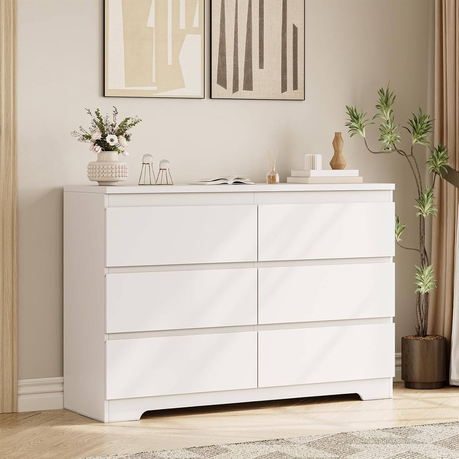 Front. Jojoka - 6 Drawer Dresser Simply Modern Chest of Drawers - White.