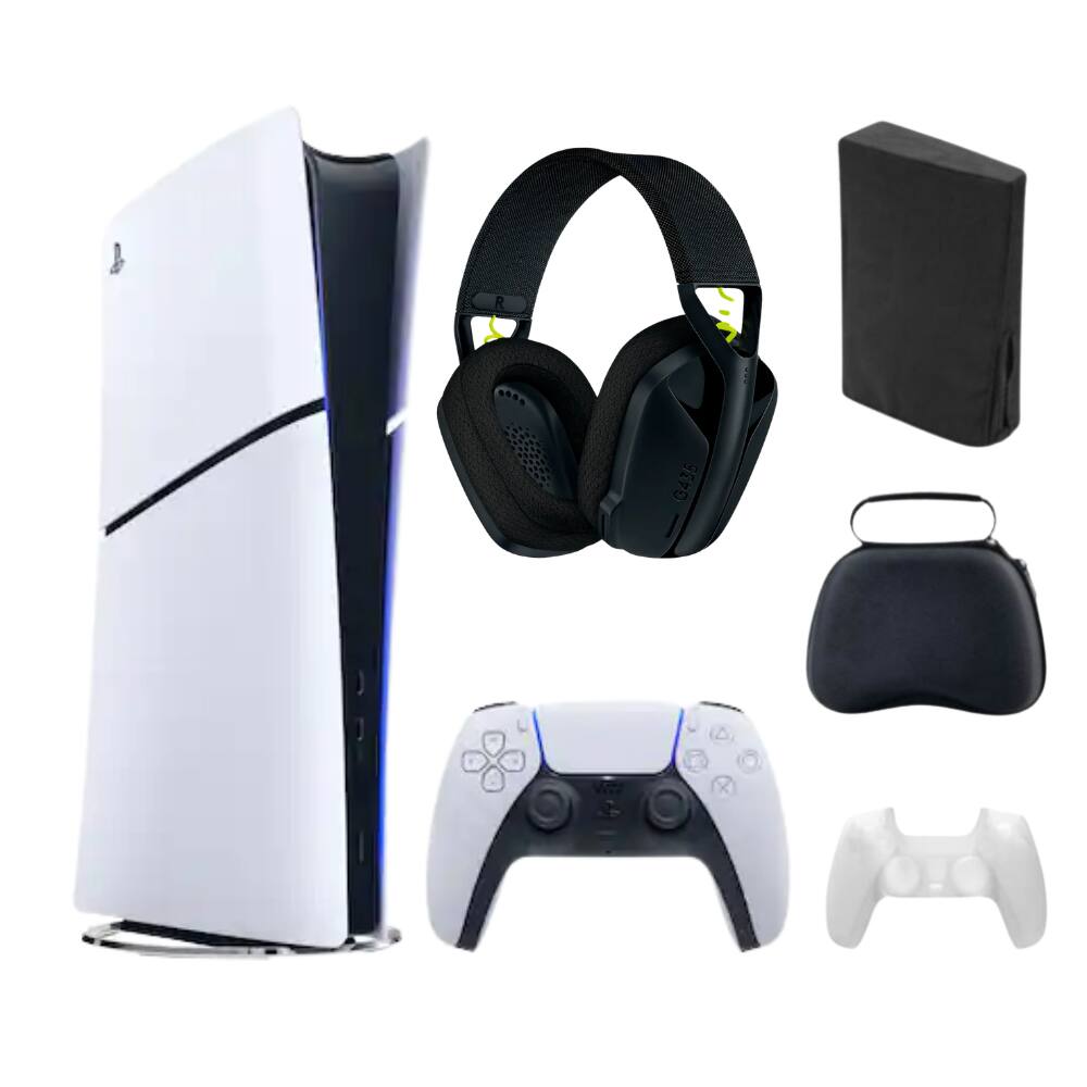 Front. Sony - Sony Playstation 5 Slim Console Digital Edition With Logitech G435 Headset and Accessories - White.