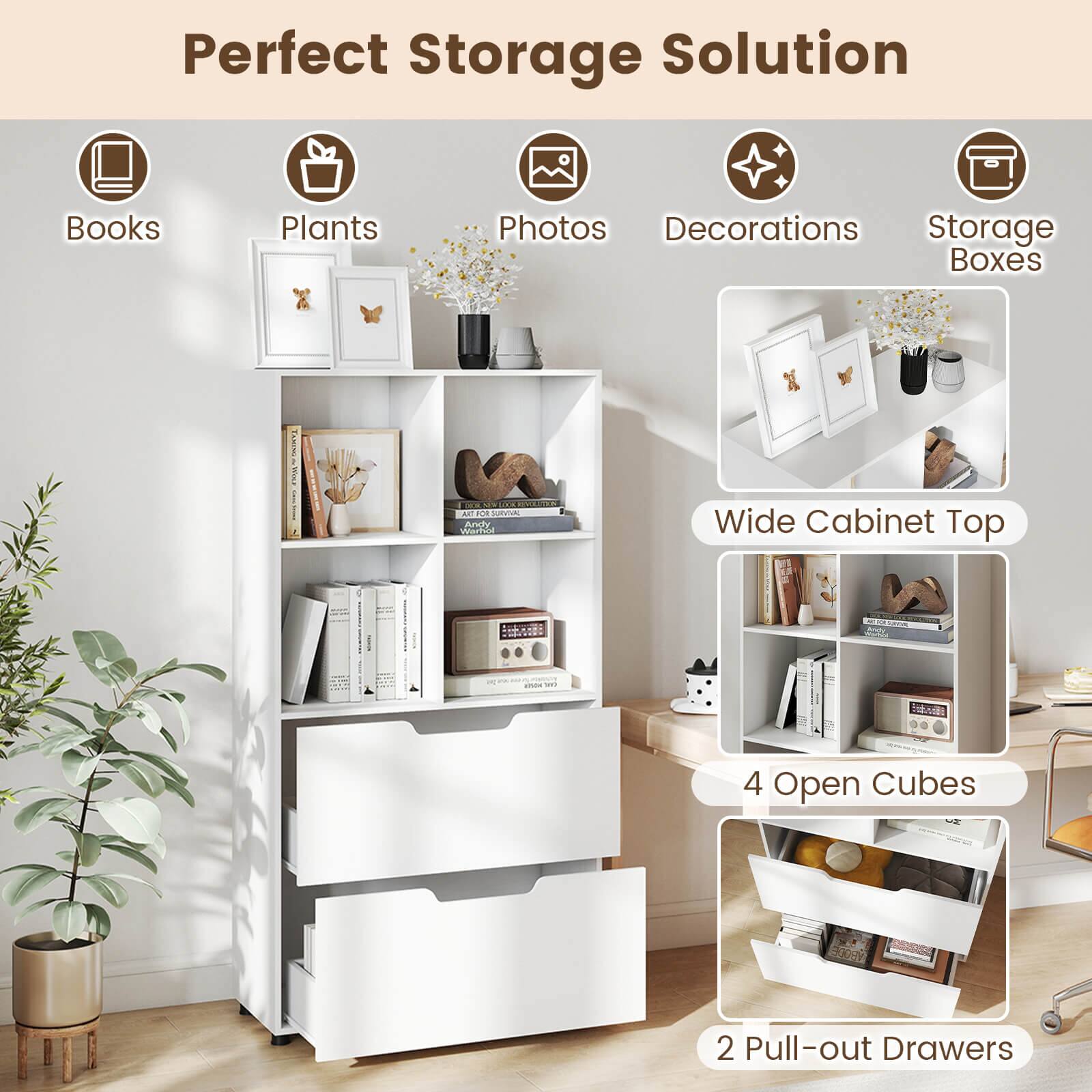 Perfect Storage Solution

- Books
- Plants
- Photos
- Decorations
- Storage Boxes

Wide Cabinet Top

4 Open Cubes

2 Pull-out Drawers