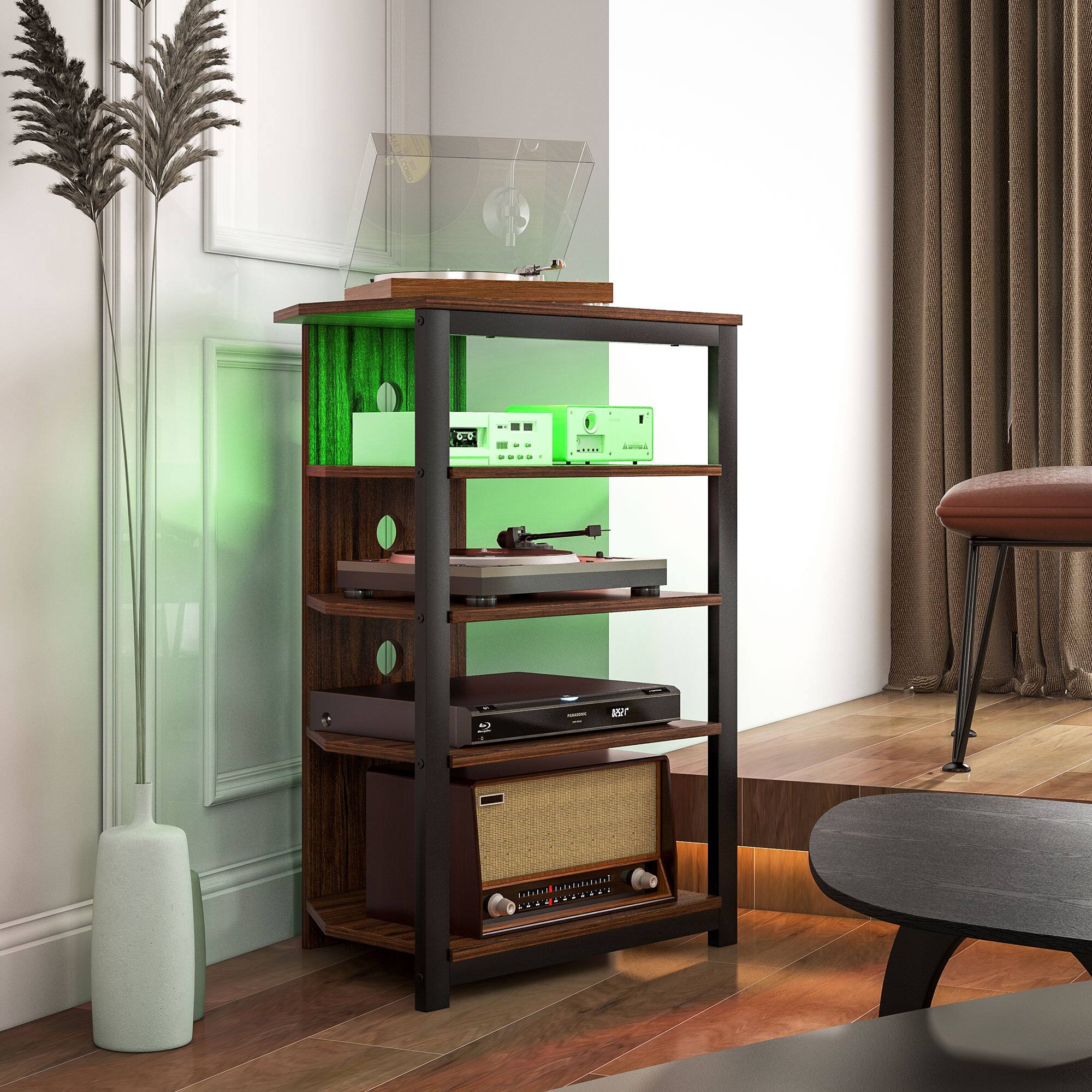 Alt View 7. Homcom - Media Stand with LED 4-Tier Audio Rack AV Media Corner Shelf with Cable Management for DVD Players Game Console TV Box - Brown.