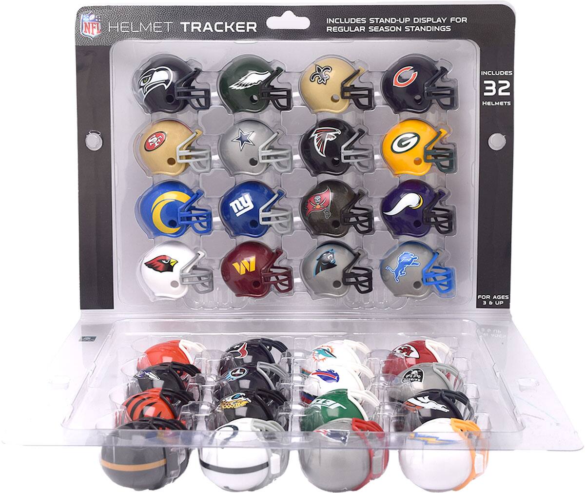 NFL HELMET TRACKER INCLUDES STAND-UP DISPLAY FOR REGULAR SEASON STANDINGS INCLUDES 32 HELMETS FOR AGES 3 & UP