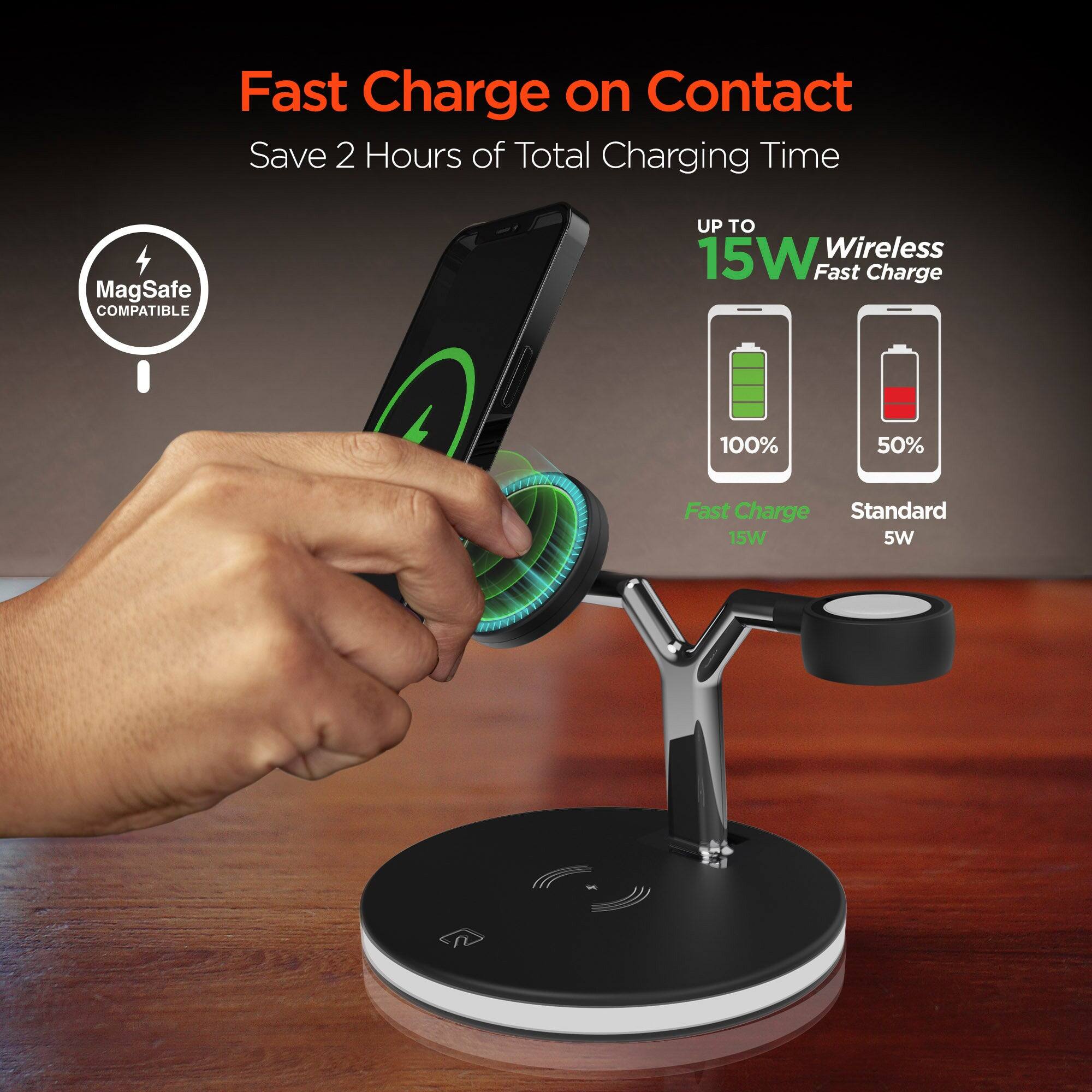 Fast Charge on Contact  
Save 2 Hours of Total Charging Time  

MagSafe COMPATIBLE  

UP TO 15W Wireless Fast Charge  

100%  
50%  

Fast Charge Standard 15W 5W