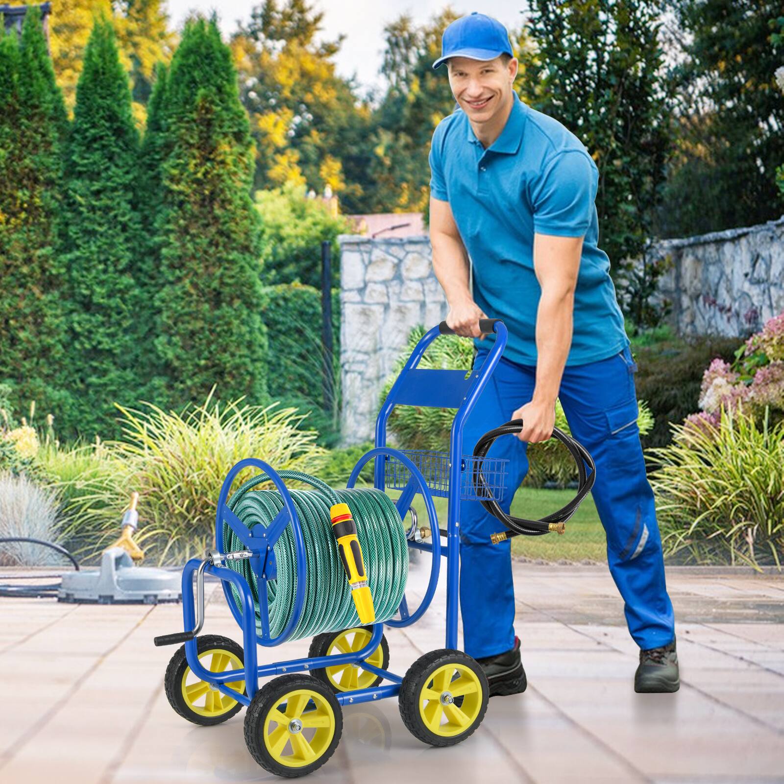 Alt View 4. Gymax - Gymax Garden Hose Reel Cart 300 FT of 5/8'' Large Capacity Heavy-Duty Metal Hose Cart Blue - Blue.