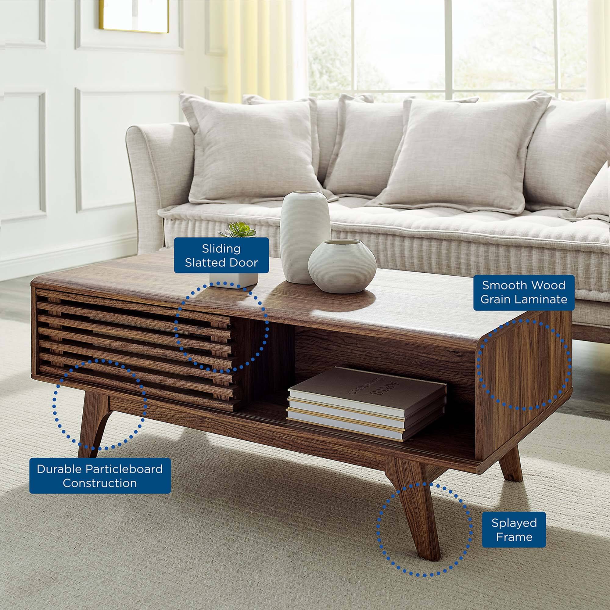 - Sliding Slatted Door
- Smooth Wood Grain Laminate
- Durable Particleboard Construction
- Splayed Frame