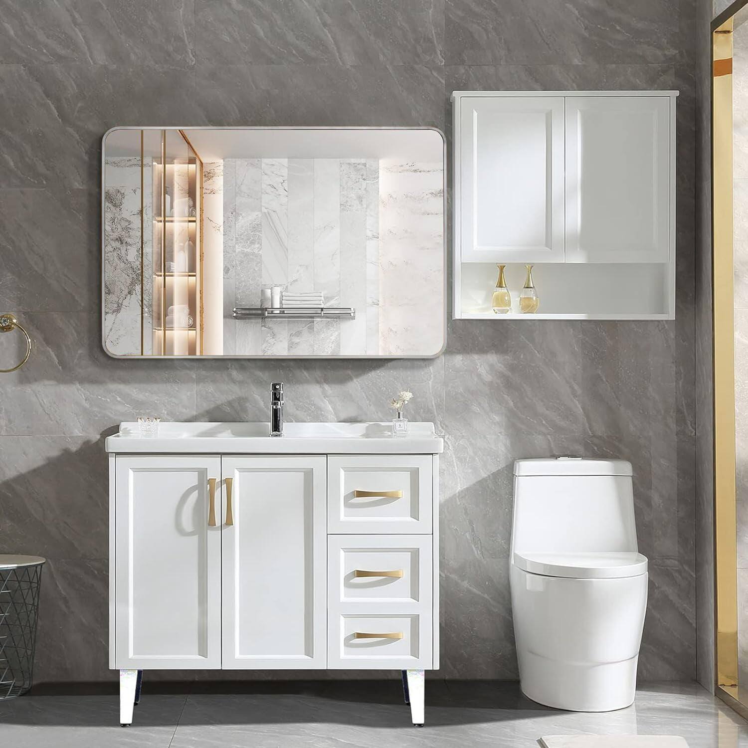 Left. BreeBe - 30x40 Inch Silver Metal Framed Rectangular Rectangular Bathrrom Mirror for Wall. - Silver.