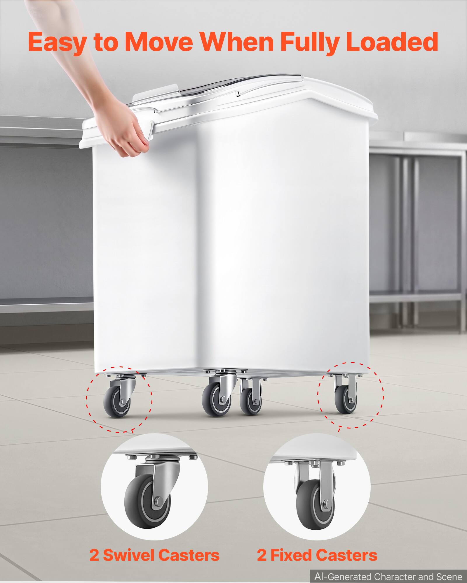 Easy to Move When Fully Loaded

2 Swivel Casters

2 Fixed Casters

AI-Generated Character and Scene