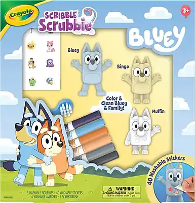 Crayola Scribble Scrubbie Bluey
Bluey & Family!
Color & Clean Bluey & Family!
3 Washable Figurines
40 Washable Stickers
6 Washable Markers
1 Scrub Brush
Warning: Choking Hazard - Small parts. Not for children under 3 years.