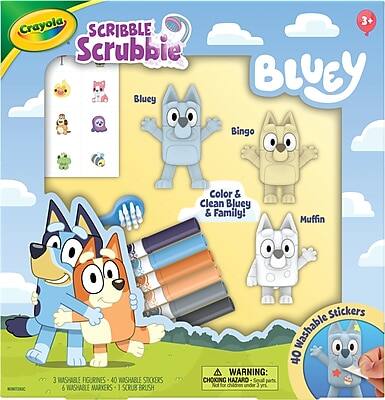 Crayola Scribble Scrubbie Bluey  
Bluey & Family!  
Color & Clean Bluey & Family!  

3 Washable Figurines  
40 Washable Stickers  
6 Washable Markers  
1 Scrub Brush  

Warning: Choking Hazard - Small parts. Not for children under 3 years.